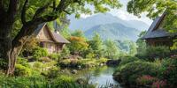 Два деревянных и каменных дома среди зелени и гор, пруд с камнями и цветами.