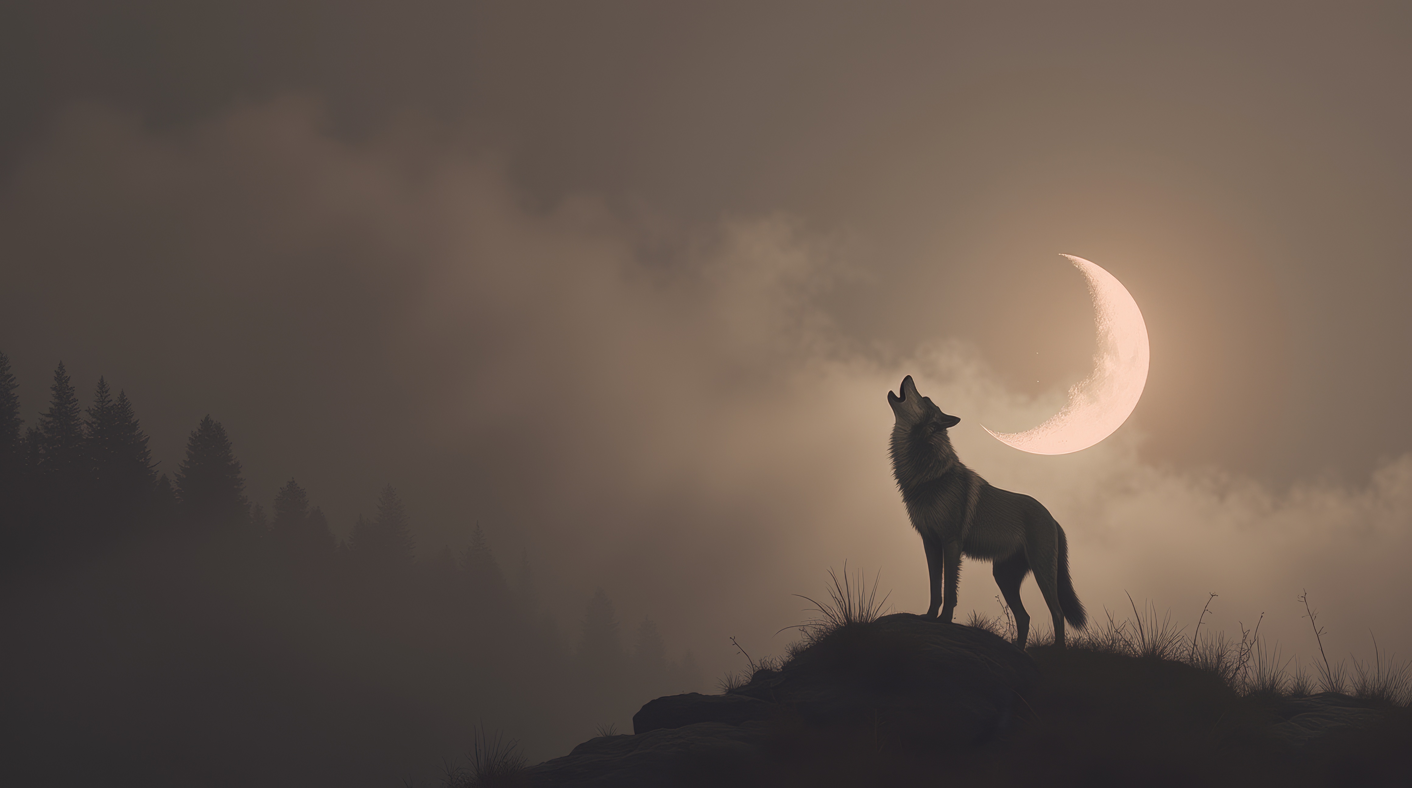 Одинокий волк стоит на краю горы под полумесяцем.