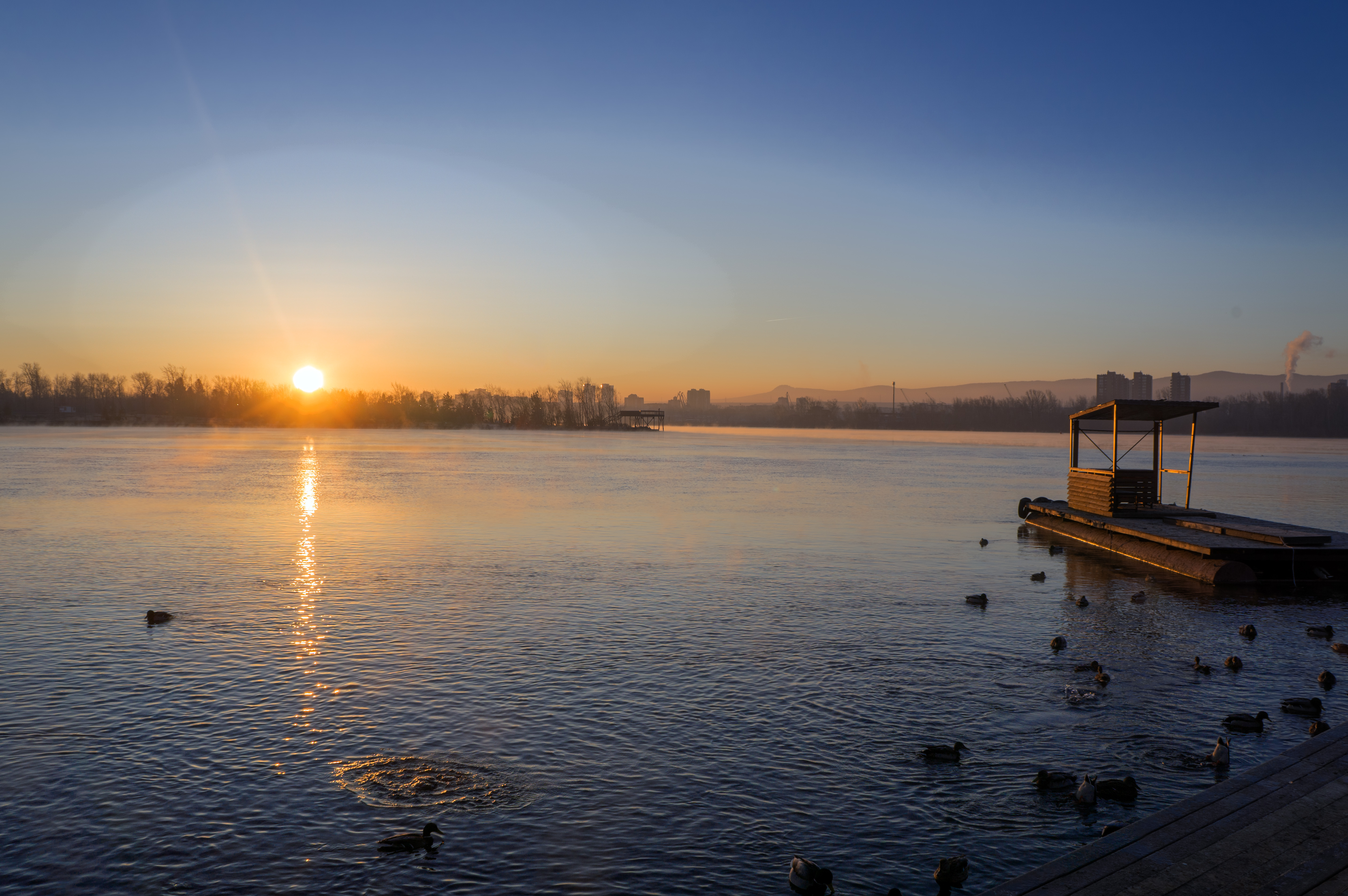 Dawn over the Yenisei River in the early autumn morning