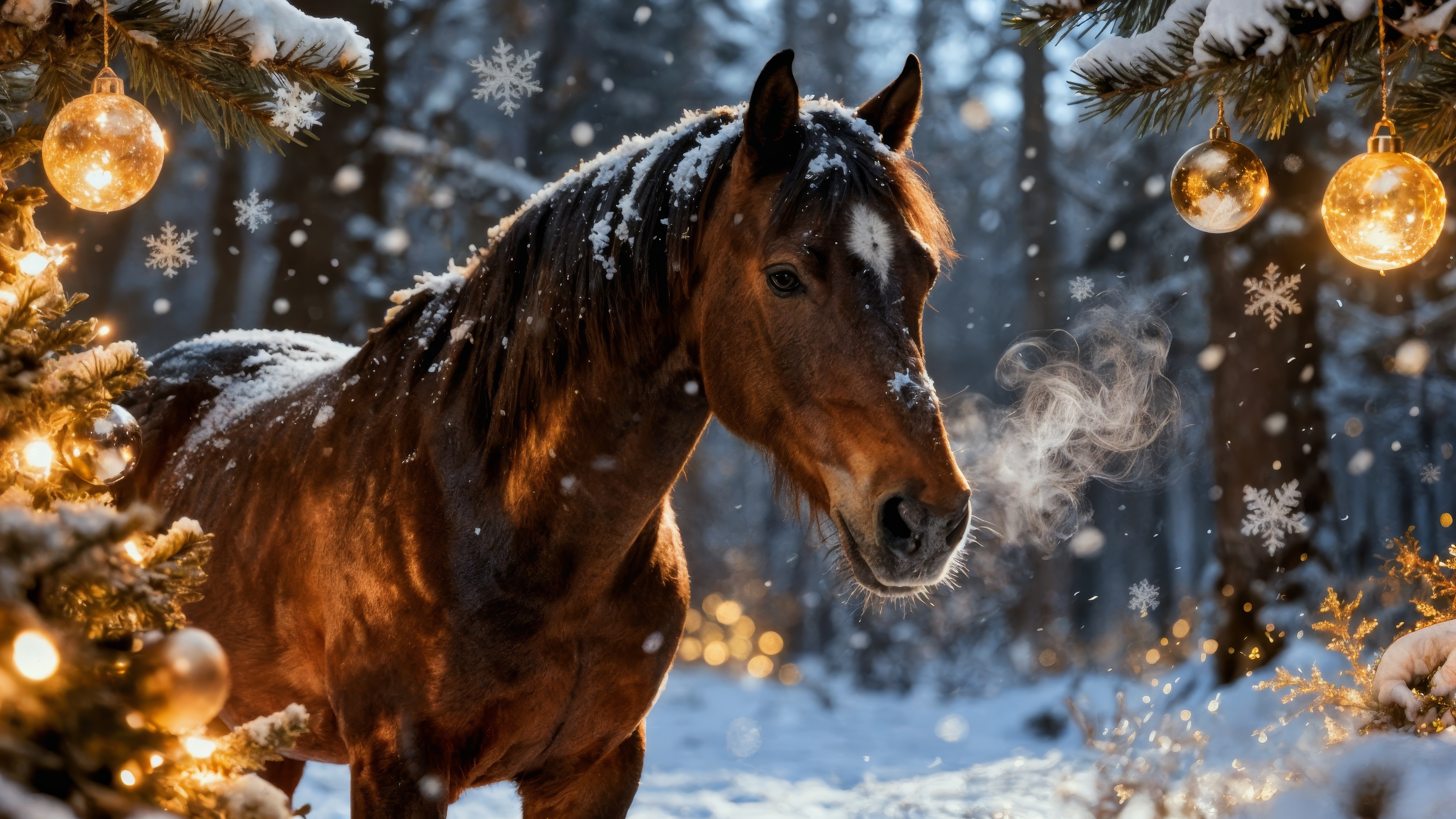 A horse standing in the snow surrounded by christmas lights