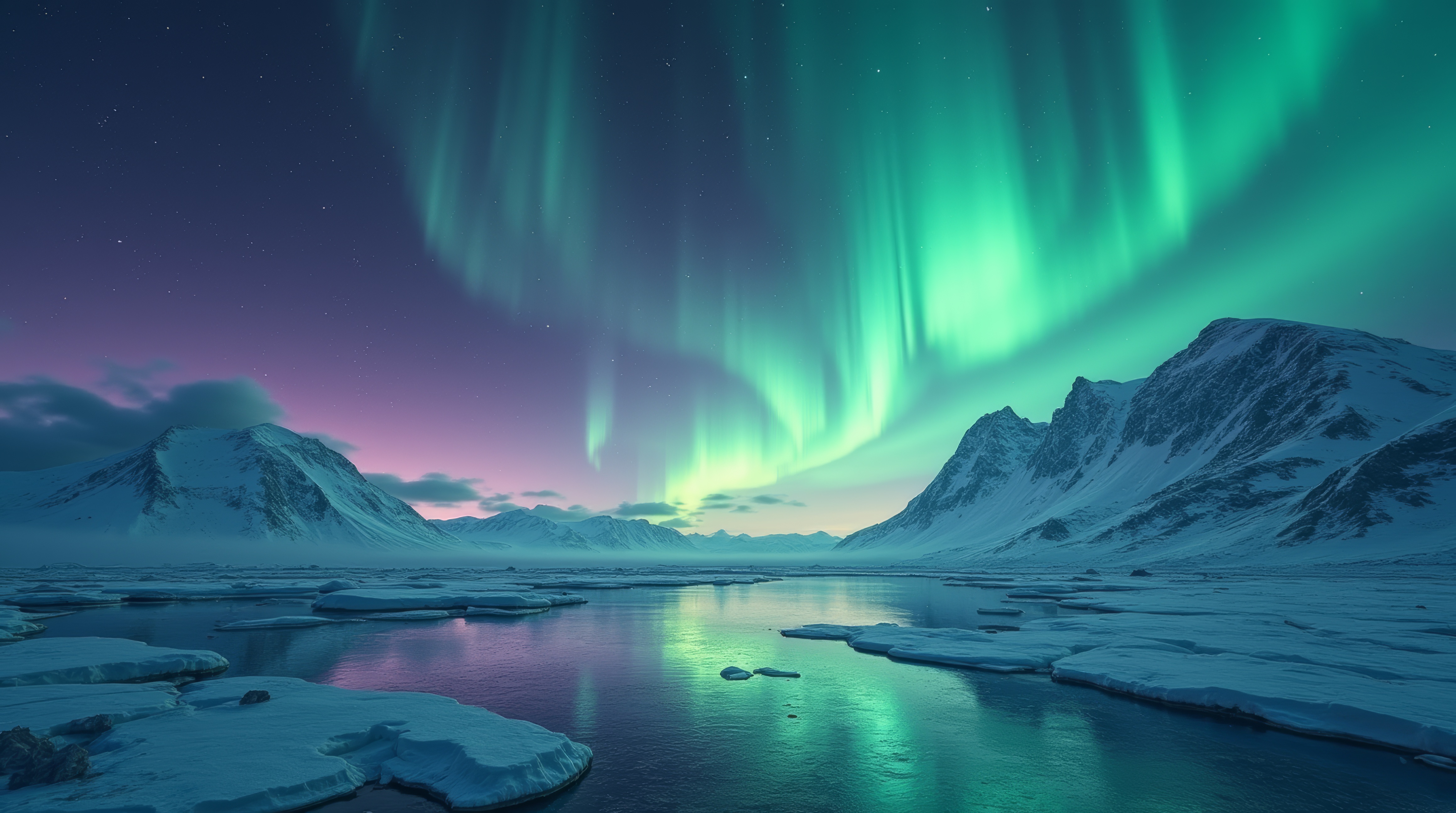 Бесплатное фото Ярко-зеленый аврора над горами и океаном