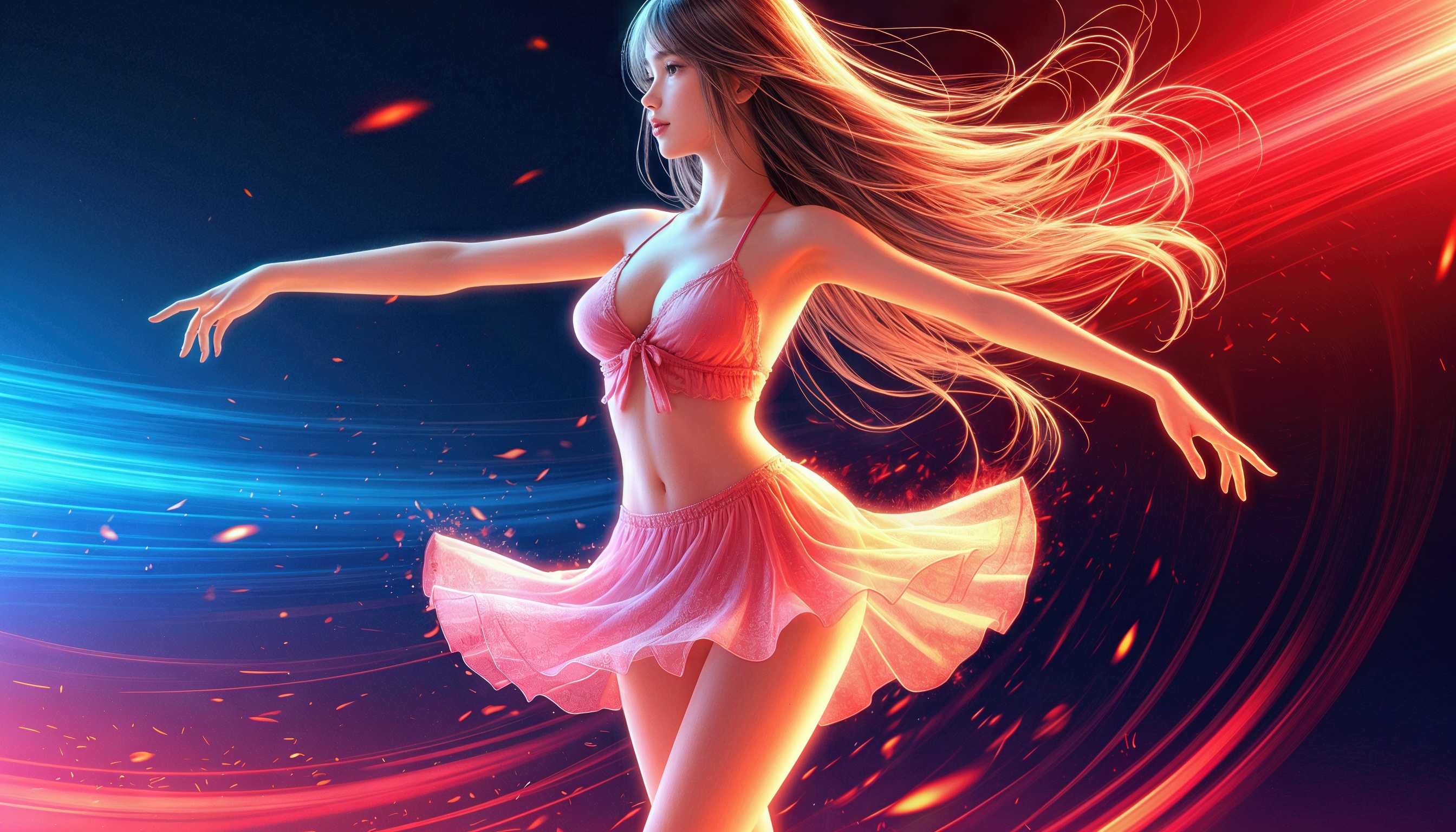 Девушка в розовом купальнике с юбкой танцует на фоне абстрактного изображения с красными и синими оттенками.