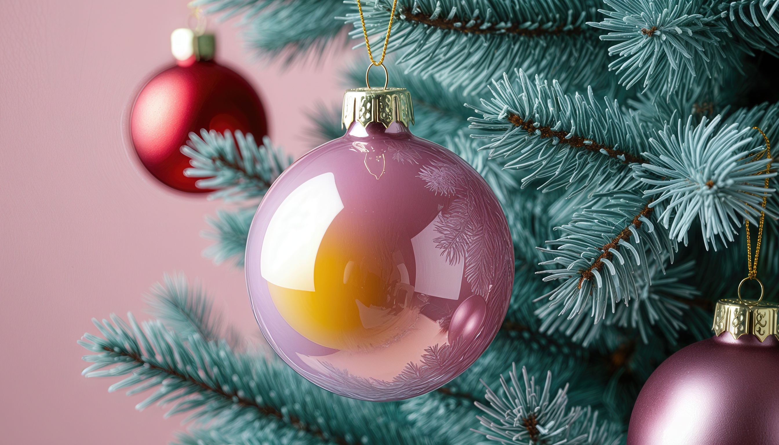 Бесплатное фото Новогодние шары на искусственной елке с розовым фоном.