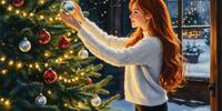 Девушка в свитере украшает ёлку в уютной атмосфере.
