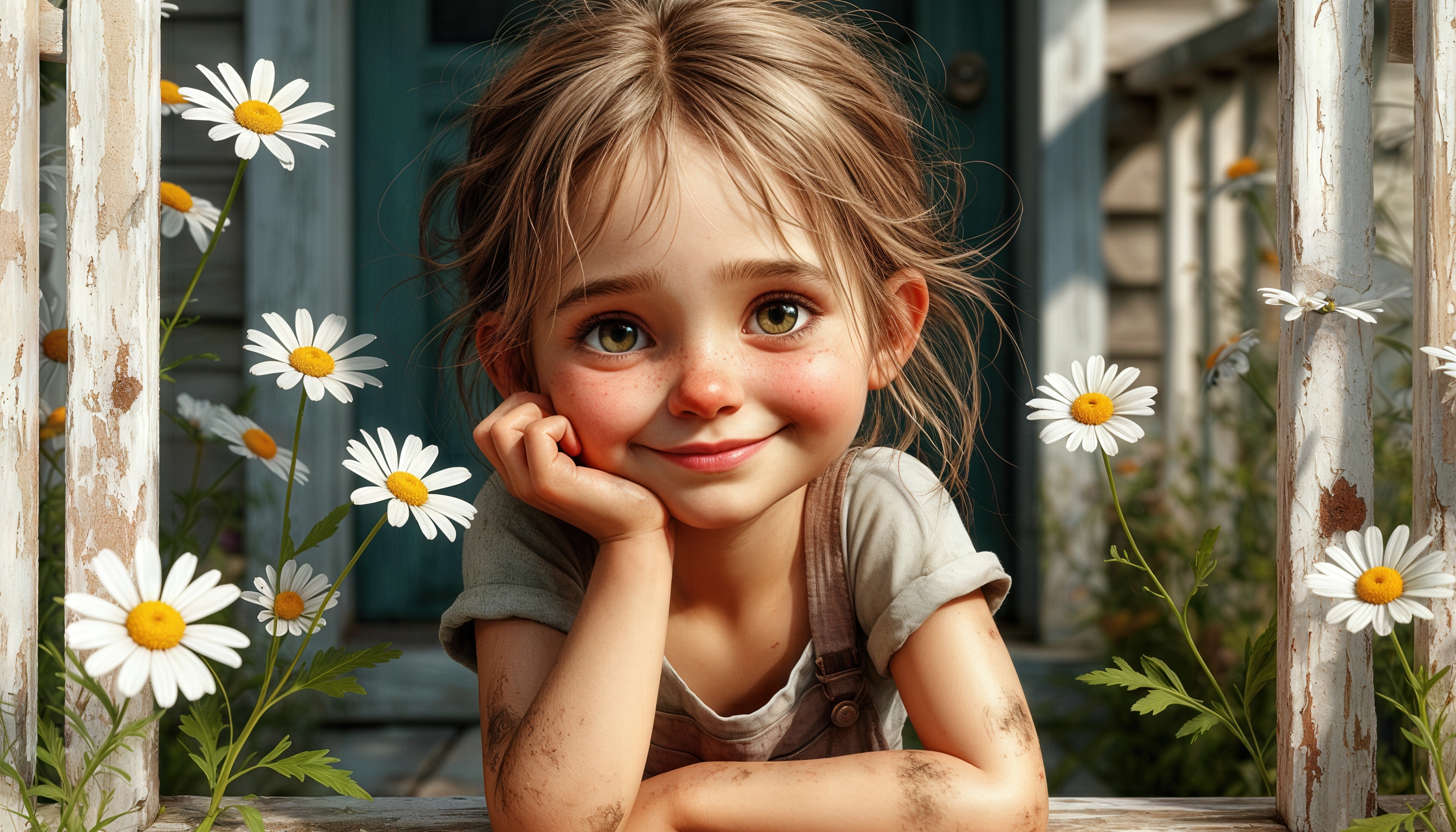 Бесплатное фото Девочка в комбинезоне улыбается на крыльце среди ромашек.