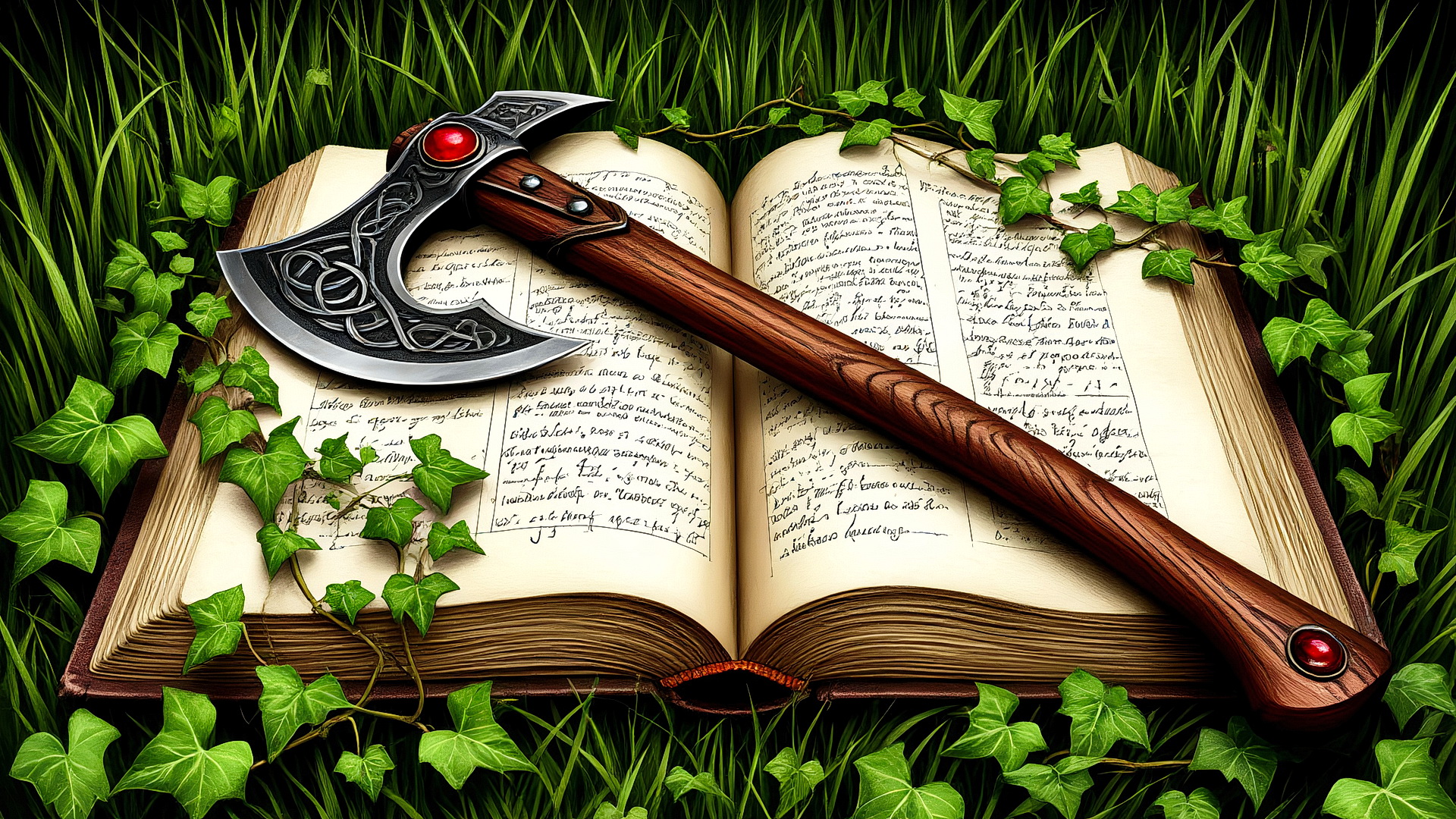 Бесплатное фото Топор и книга оплетенные зелеными листьями