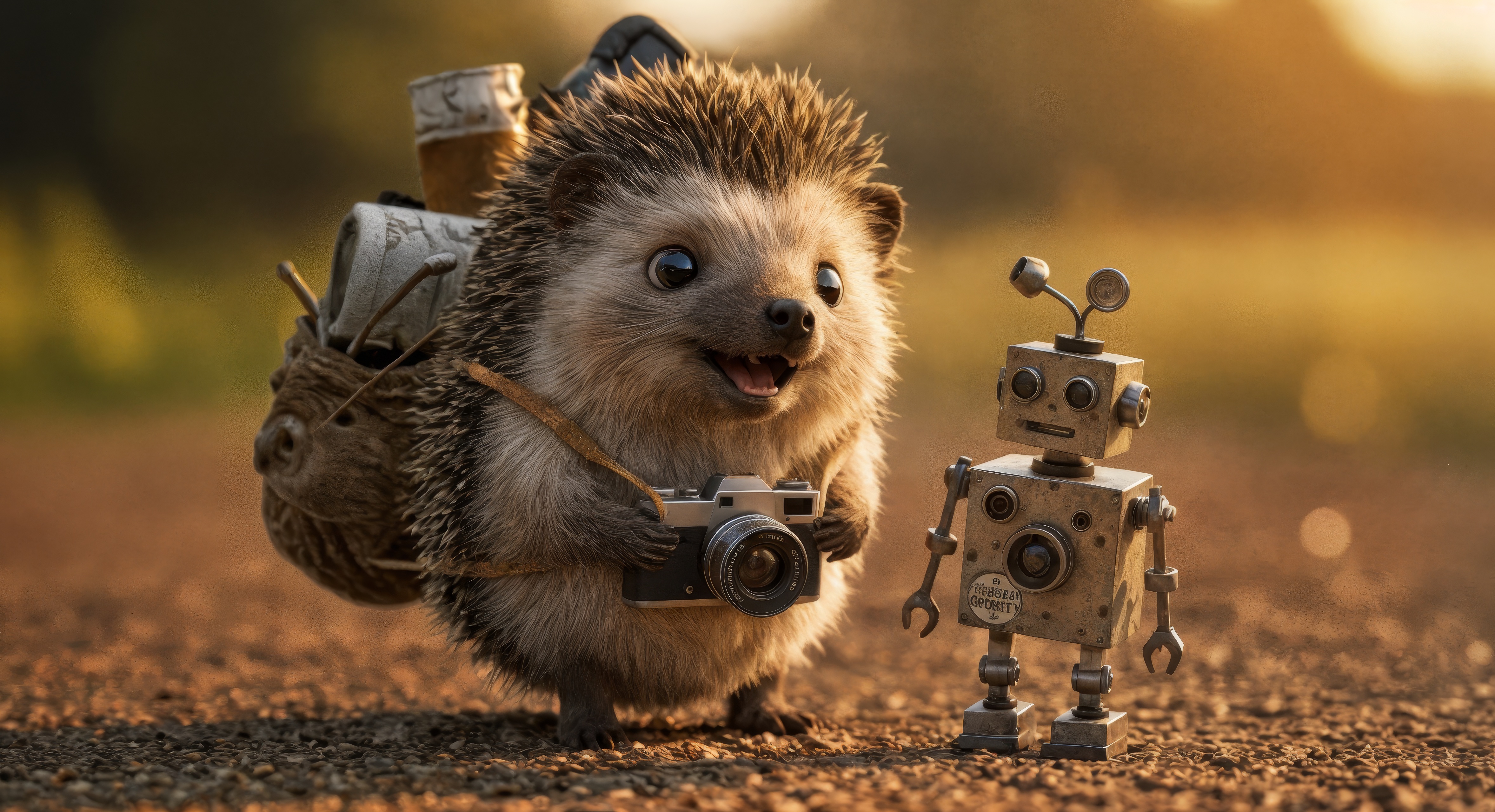 A hedgehog and a robot with cameras in the field