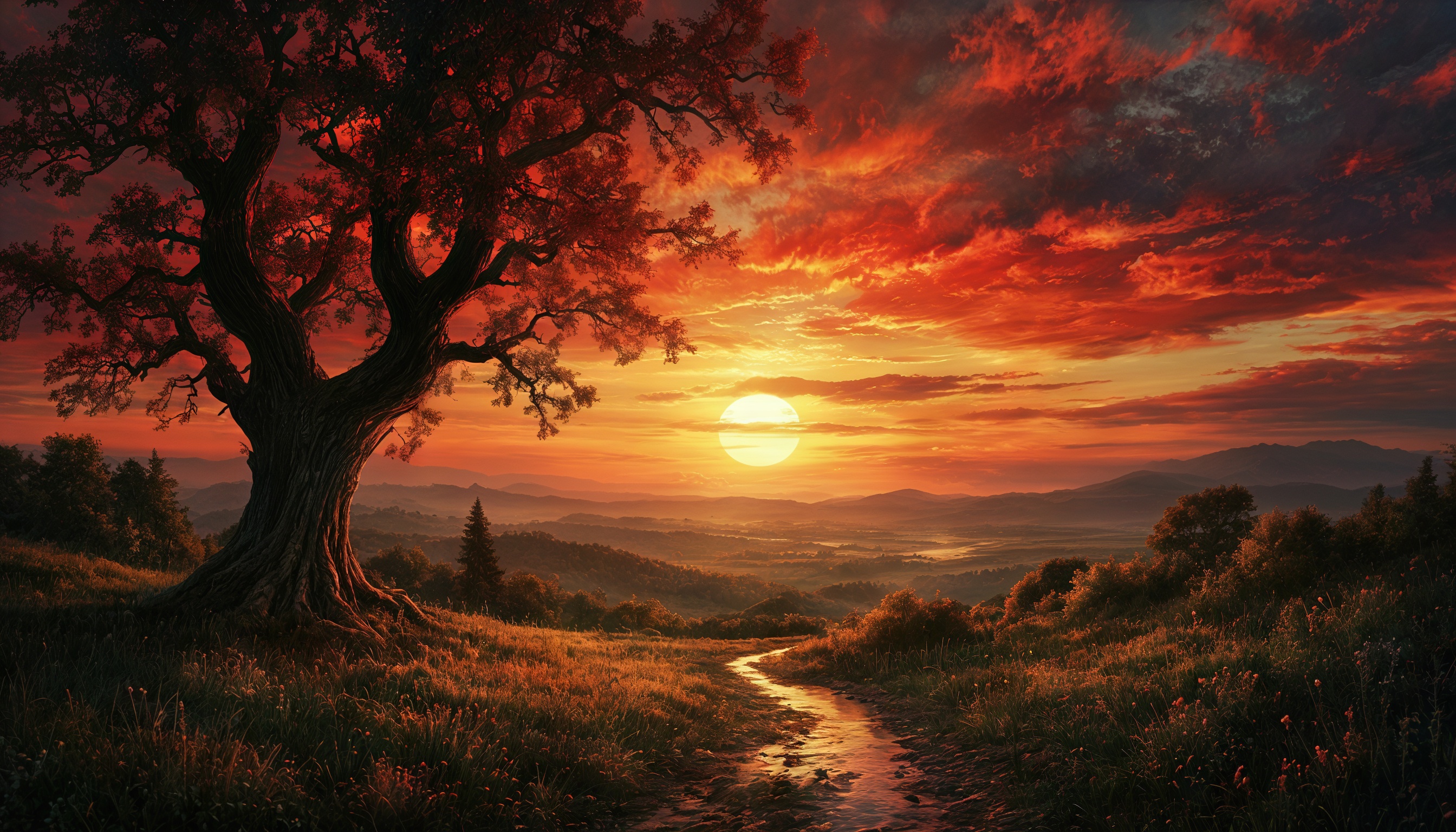 Закат над холмом с деревом и тропинкой.