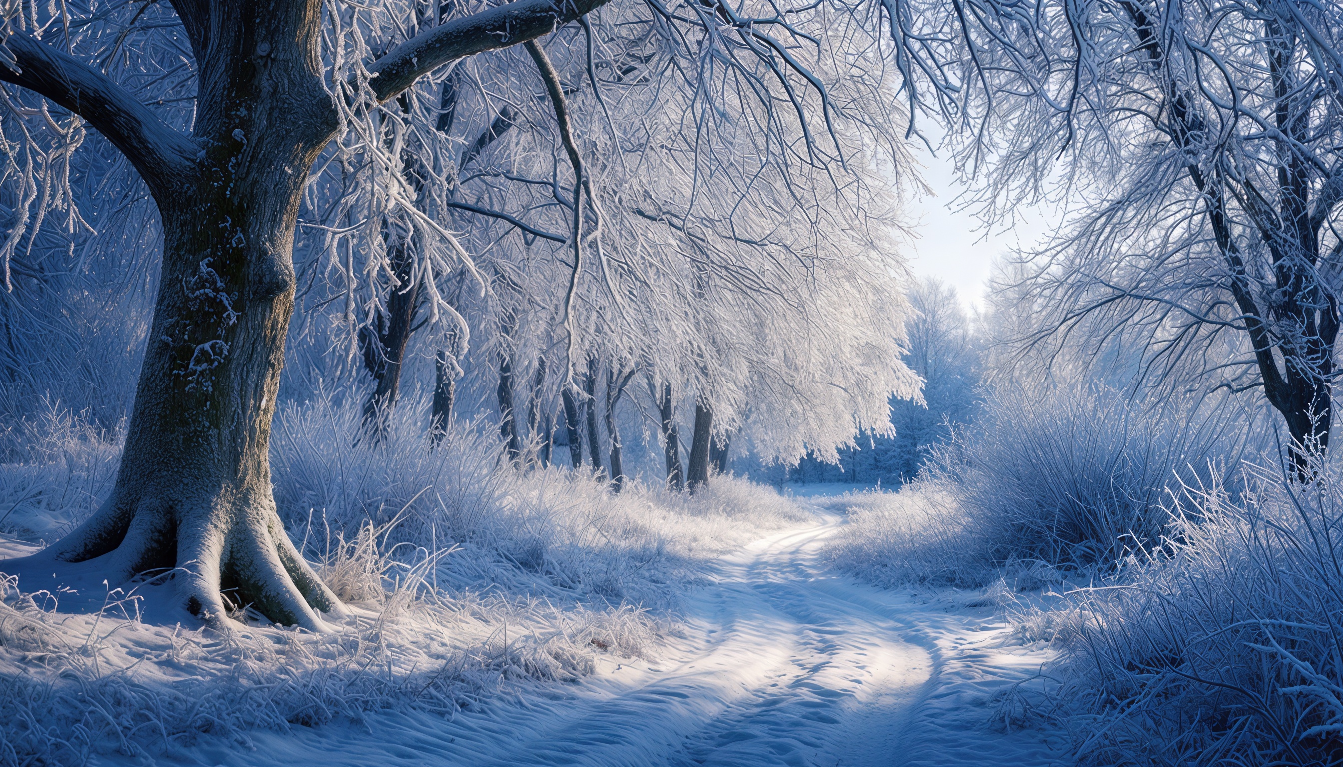 Бесплатное фото Зимний лес в сиянии солнца: заснеженная тропинка, иней на ветвях, морозная тишина.