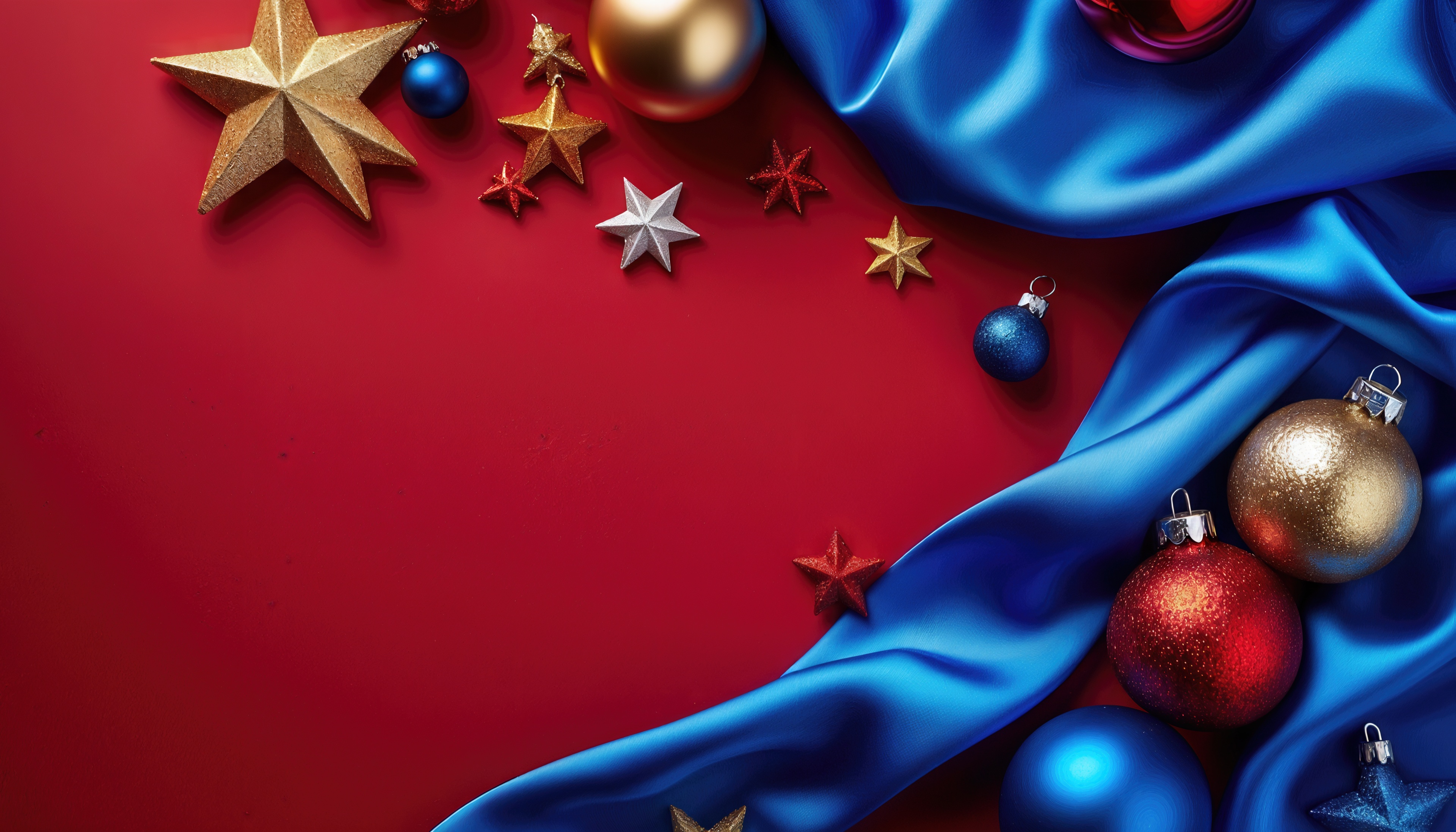 Новогодние шары и звёзды на фоне ярко-красного и синего атласа.