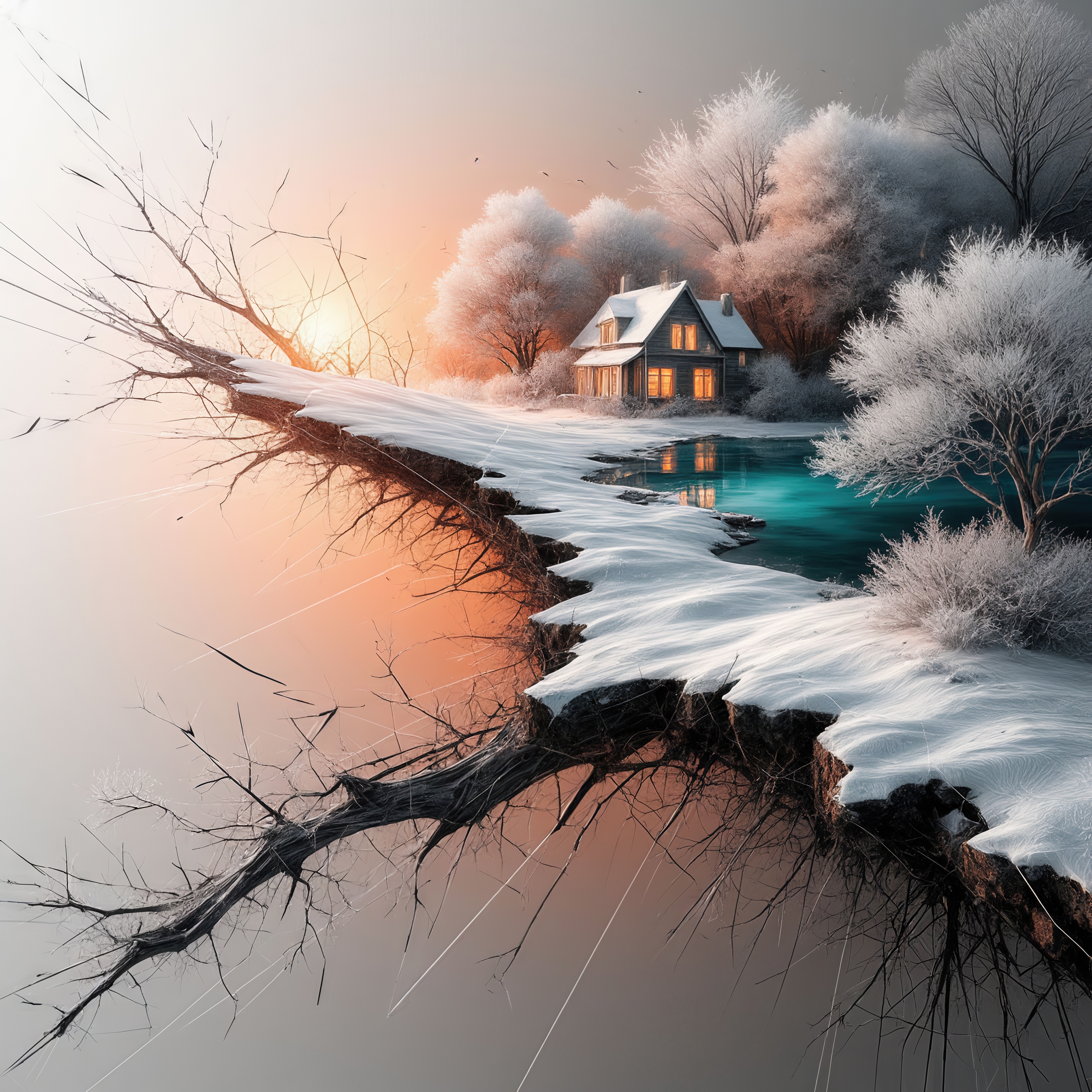 Free photo A house in a snowy forest on the shore of a turquoise lake at sunset.