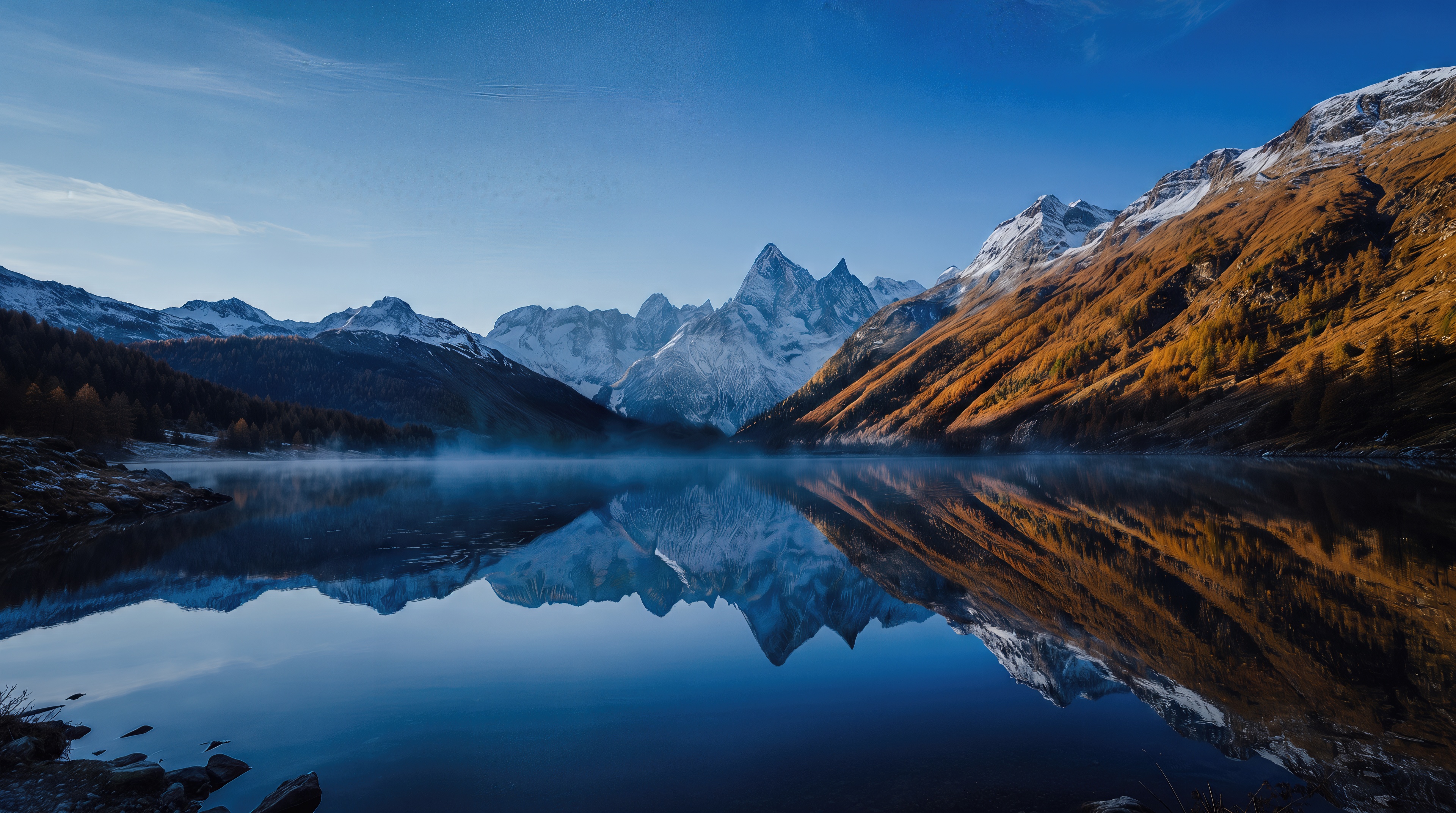 Free photo The sharp snow-capped peaks of the mountains are perfectly reflected in the mirrored surface of the transparent lake at dawn.