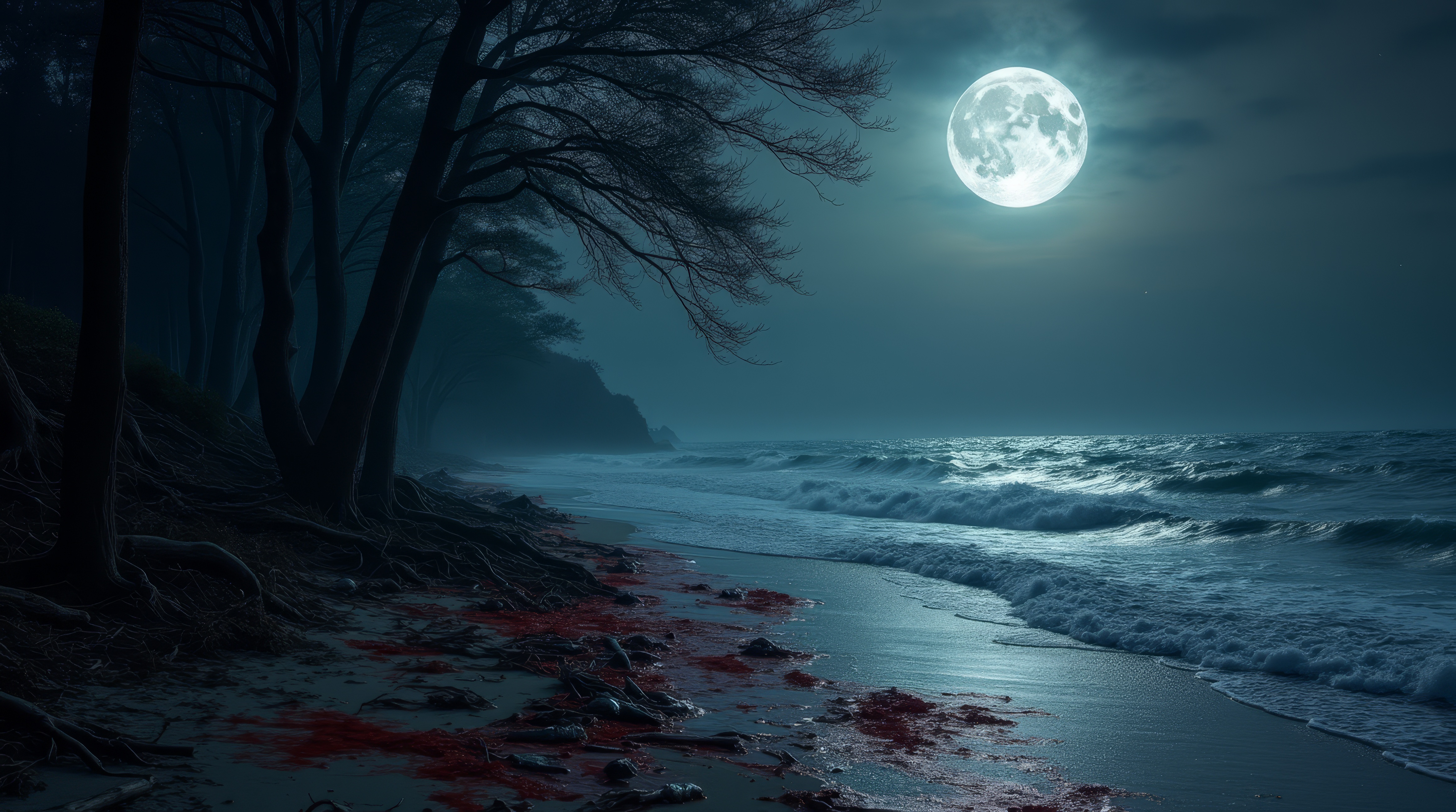 Бесплатное фото Океан и берег ночью, при полной луне на небе