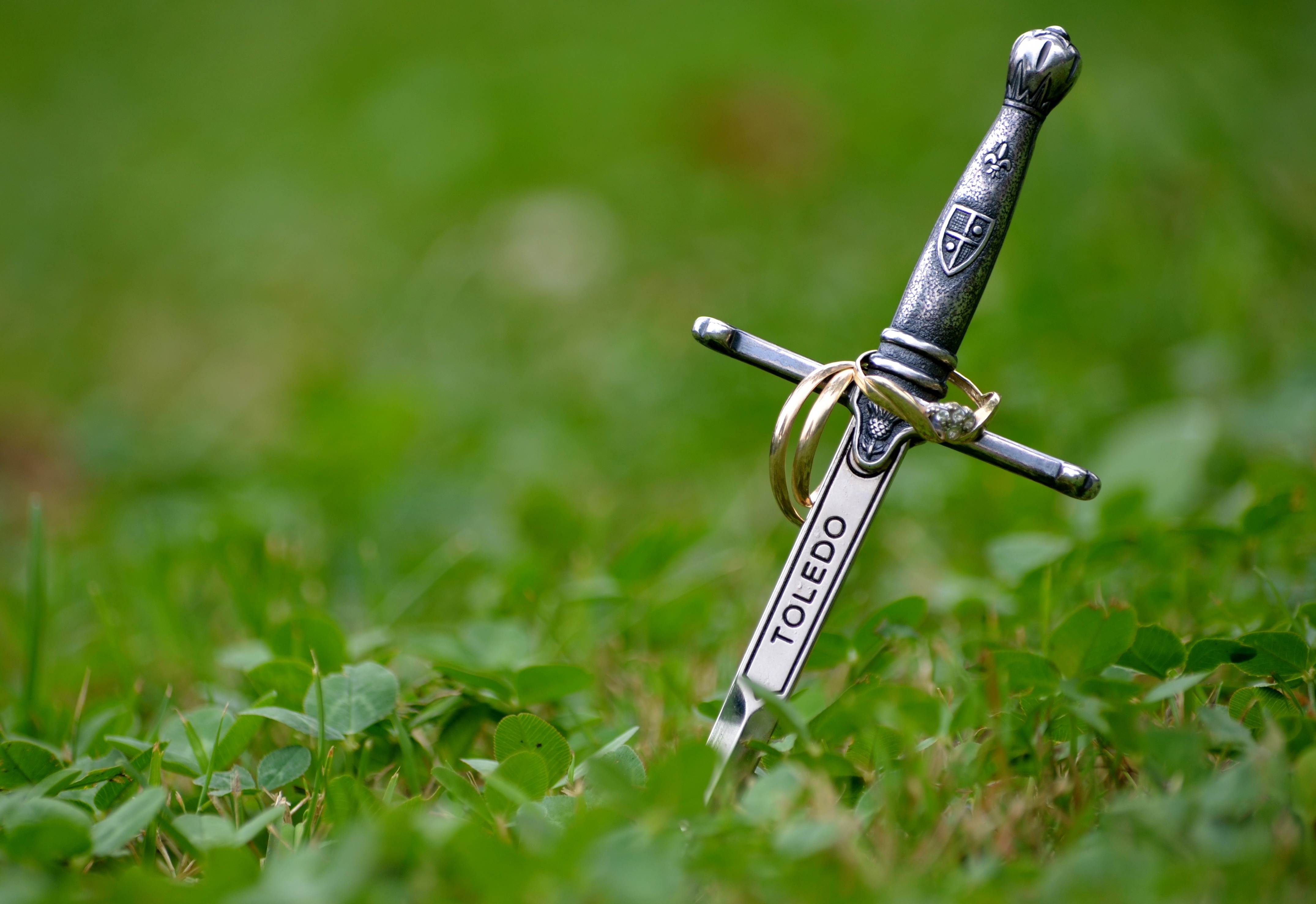 Free photo An ancient blade stuck in the ground.