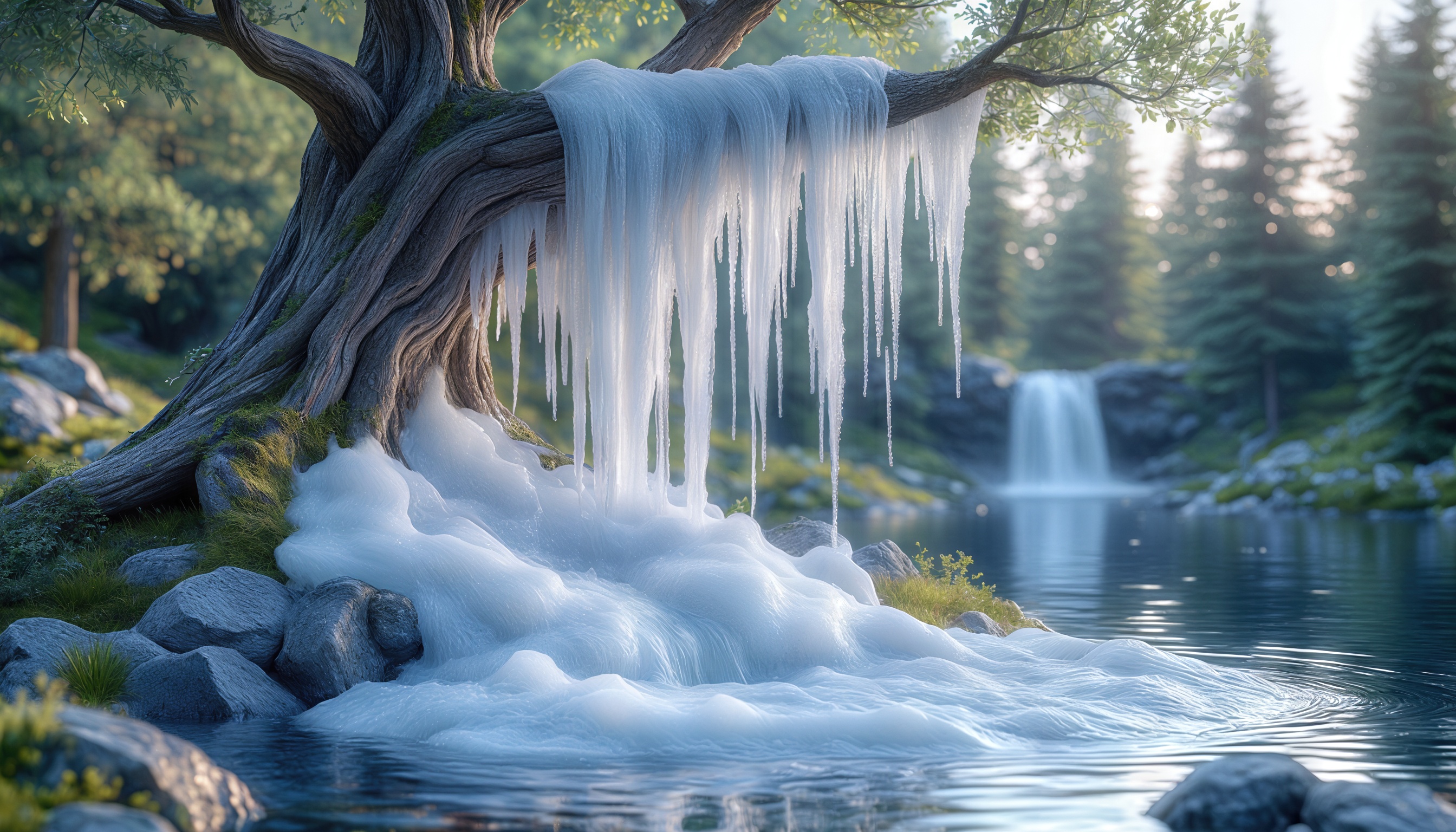 Бесплатное фото Дерево покрыто льдом, а вода вокруг него замерзла, создавая эффект ледяного водопада.