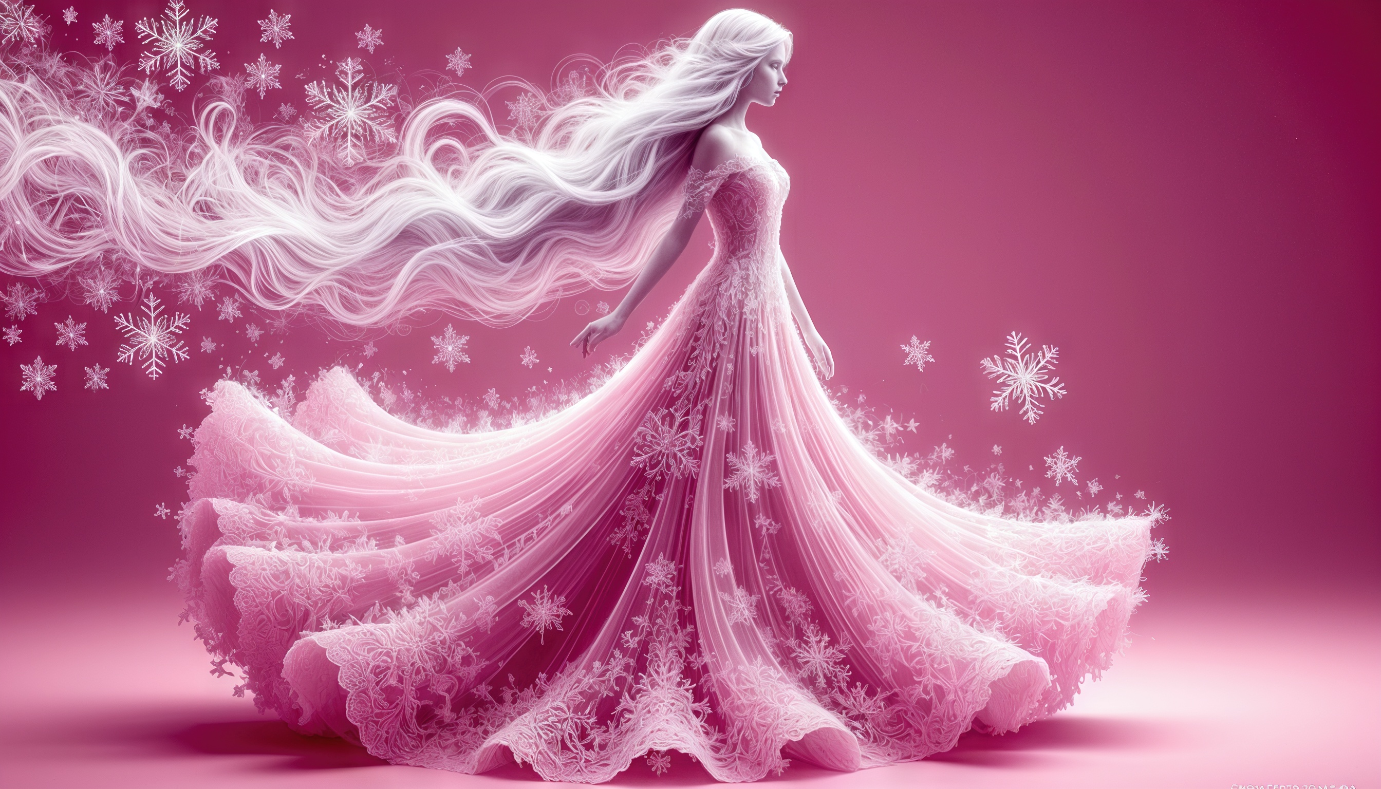 身着裙装的少女置身于雪花与魔法之中。