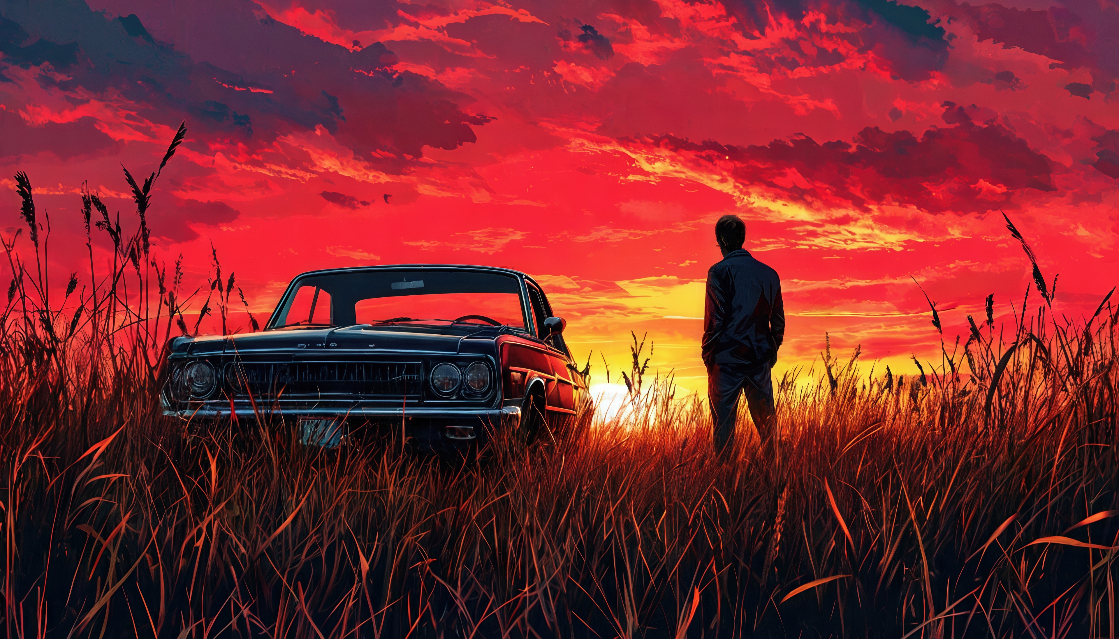 Бесплатное фото Силуэт мужчины у Chevrolet Impala на закате среди высокой травы - драматичный автопейзаж.