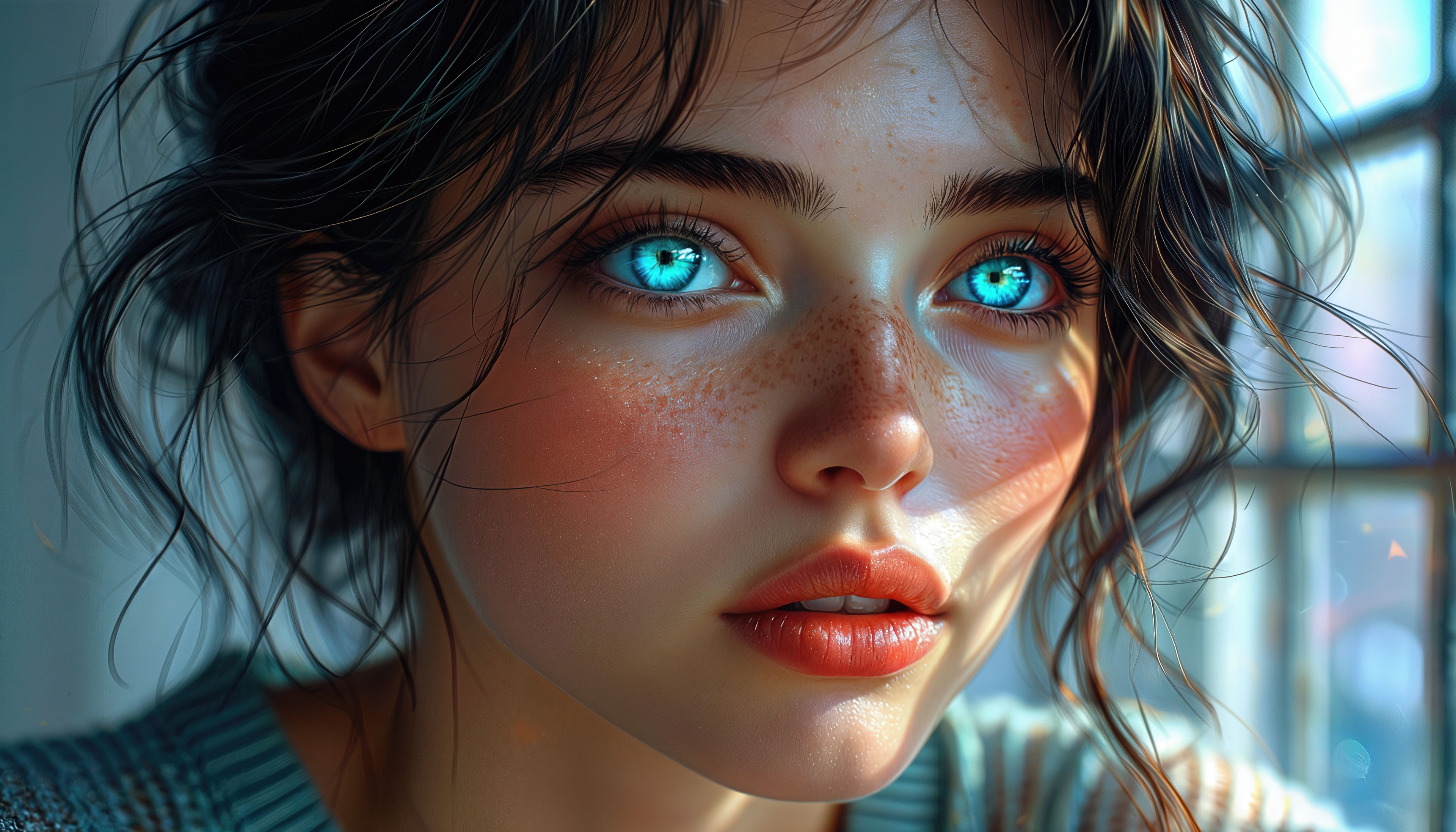 Бесплатное фото Девушка с растрёпанными волосами и выразительным взглядом у окна.