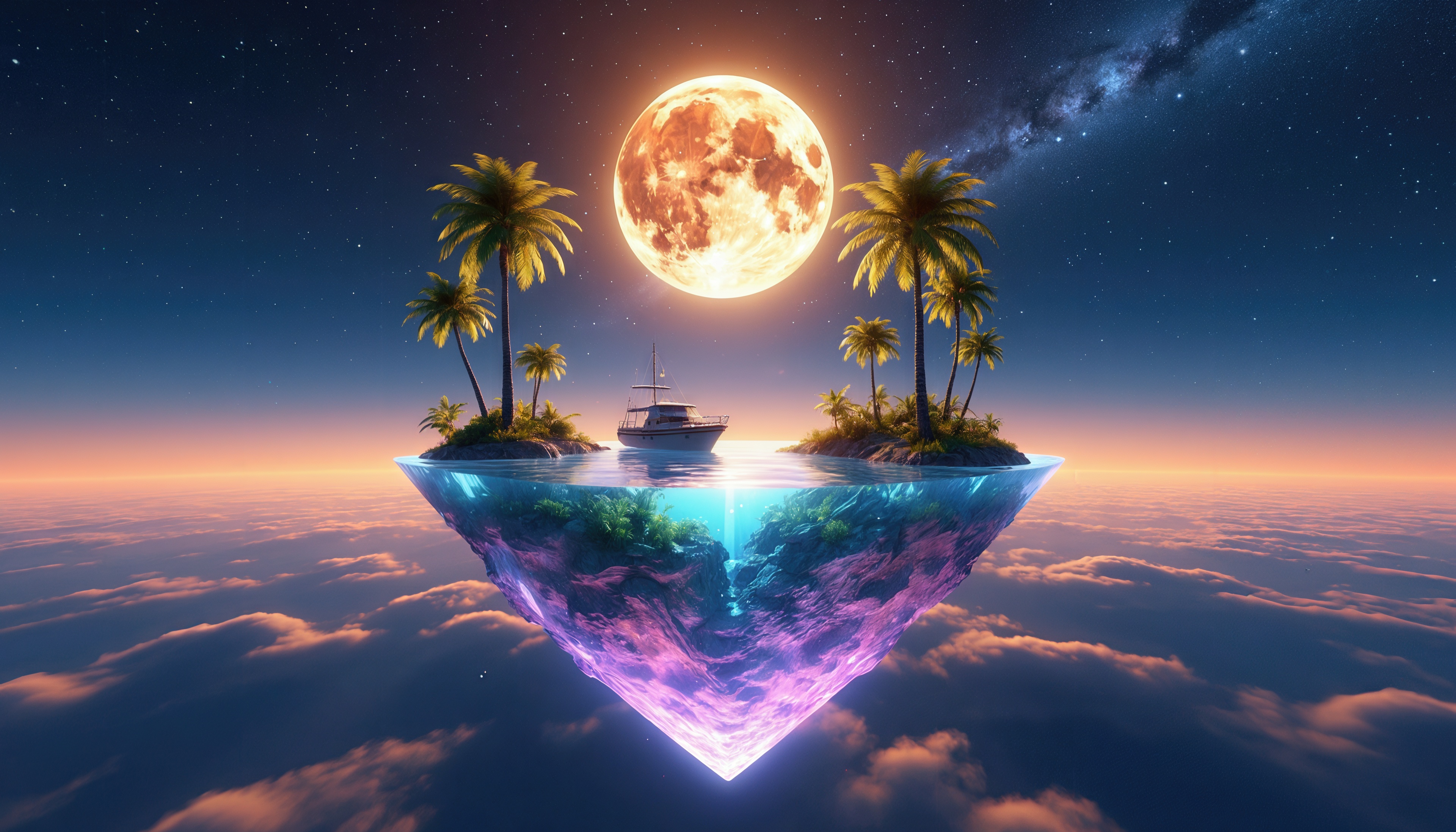 Бесплатное фото Парящий остров с пальмами и яхтой под огромной луной.