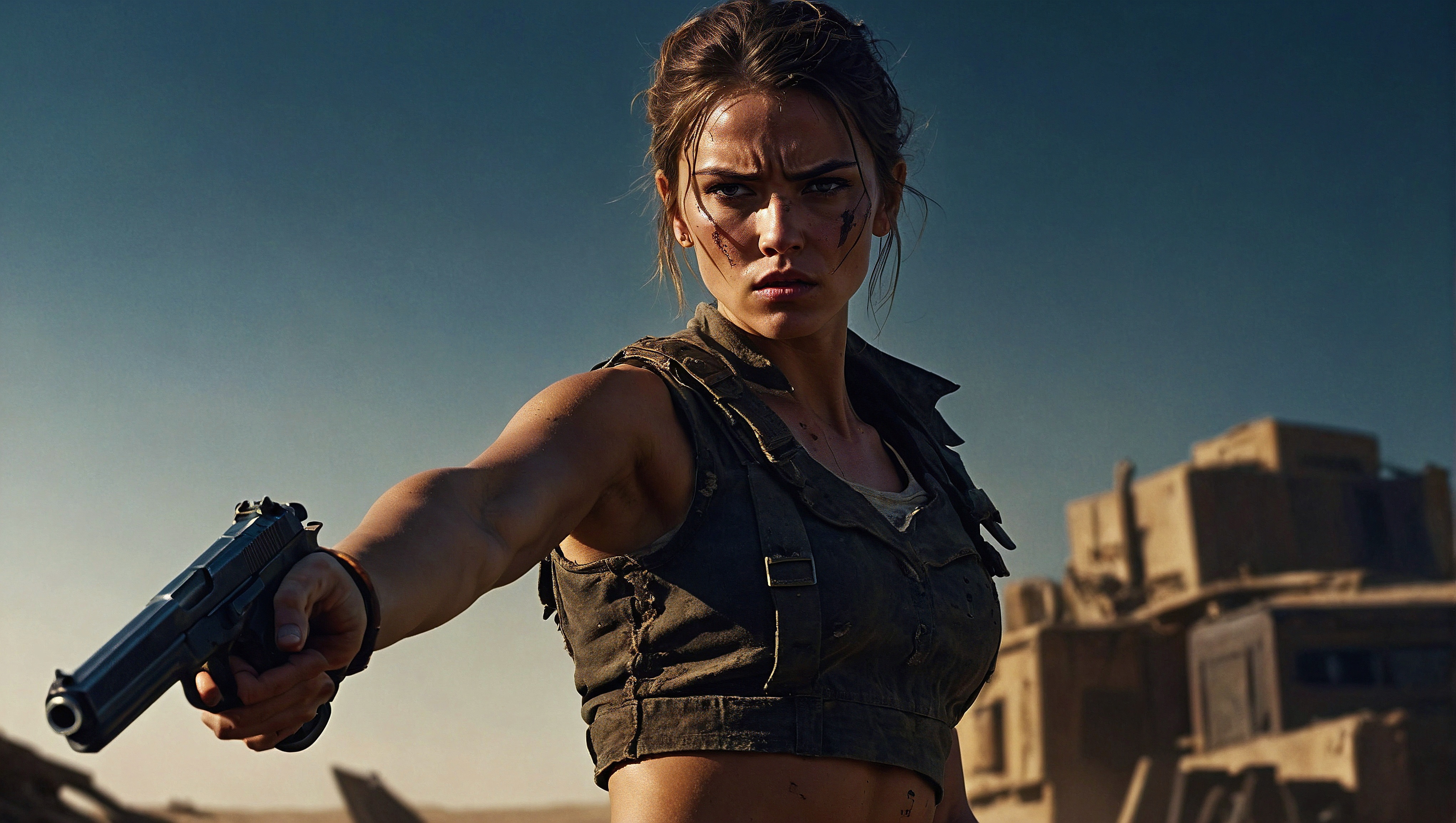 Woman holding a gun in an environment