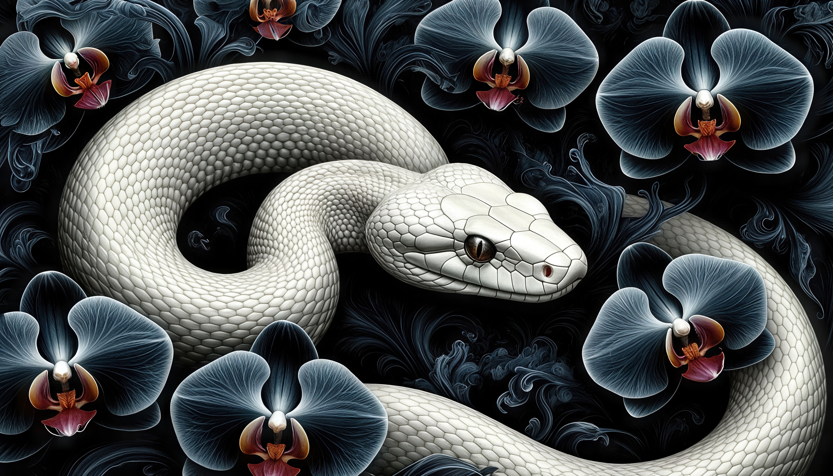 Бесплатное фото Белая змея изящно обвивается среди тёмных орхидей.