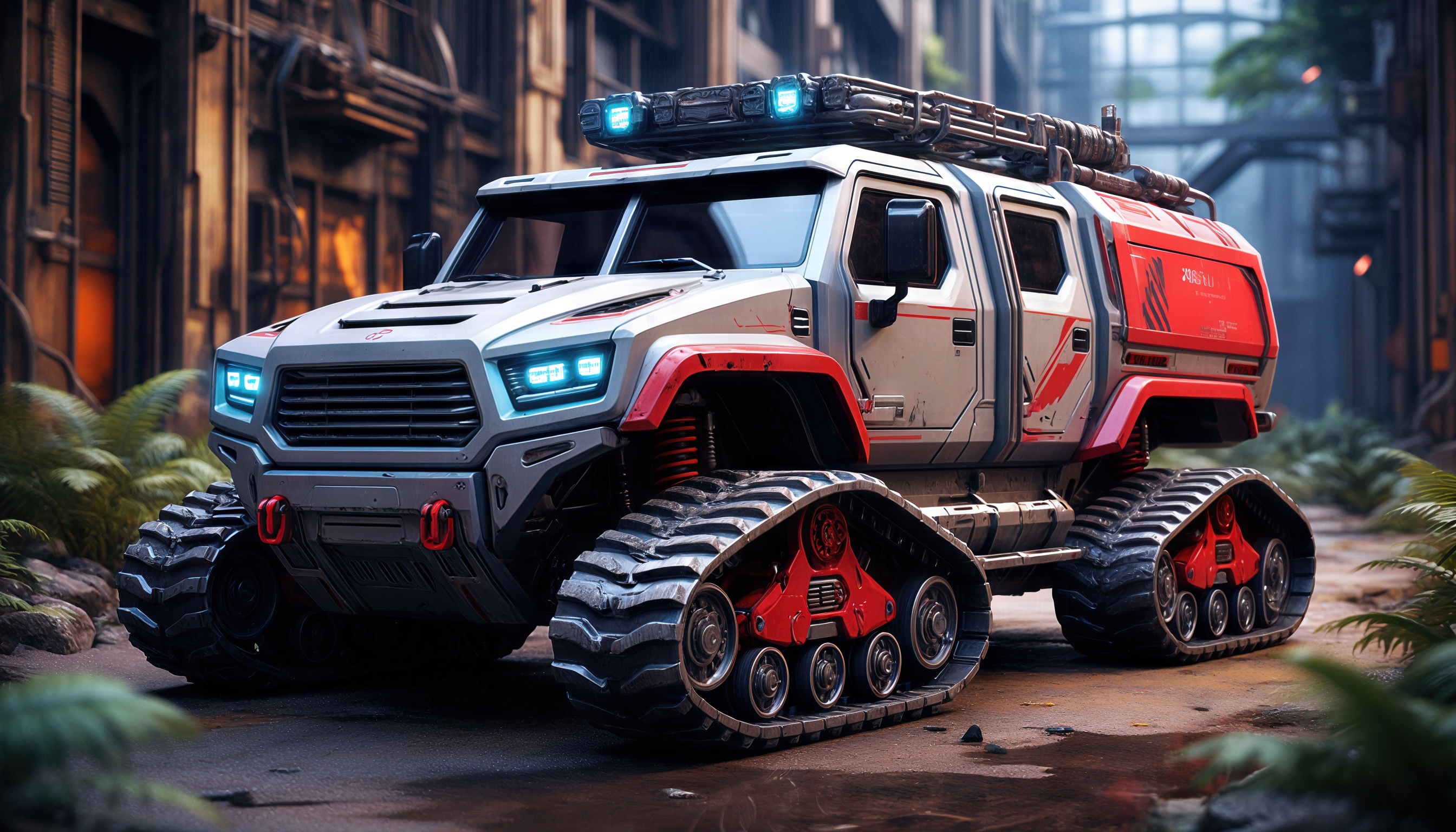 Free photo Futuristic armored SUV with tracks on the background of an industrial city.