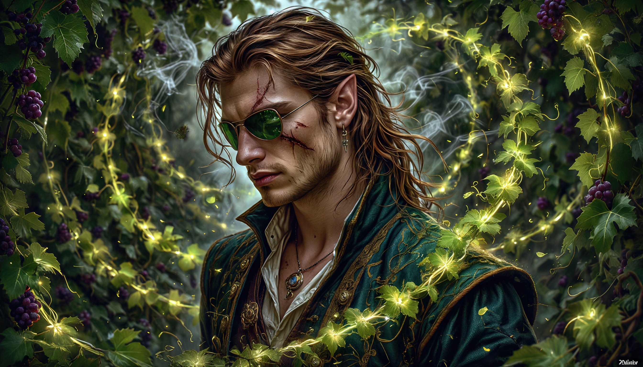 Эльф с длинными волосами и ранами на лице, одетый в зеленую куртку, окруженный светящимися растениями.