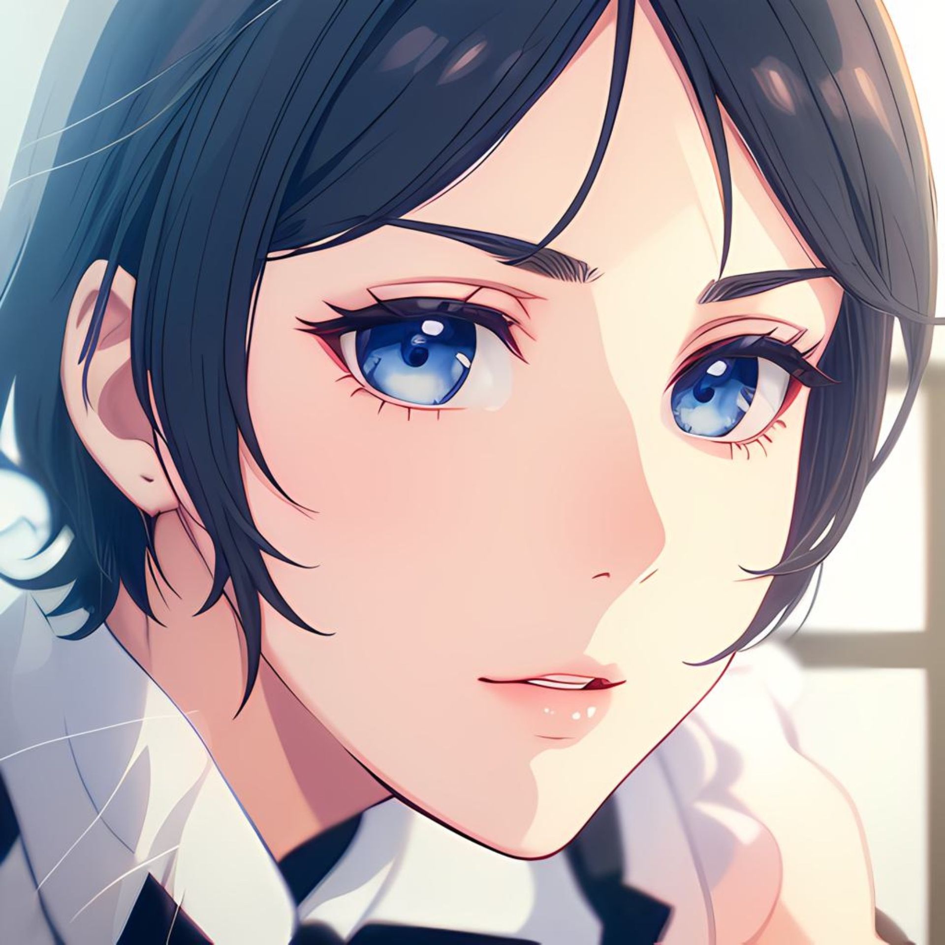 A maid, with blue eyes and short hair.