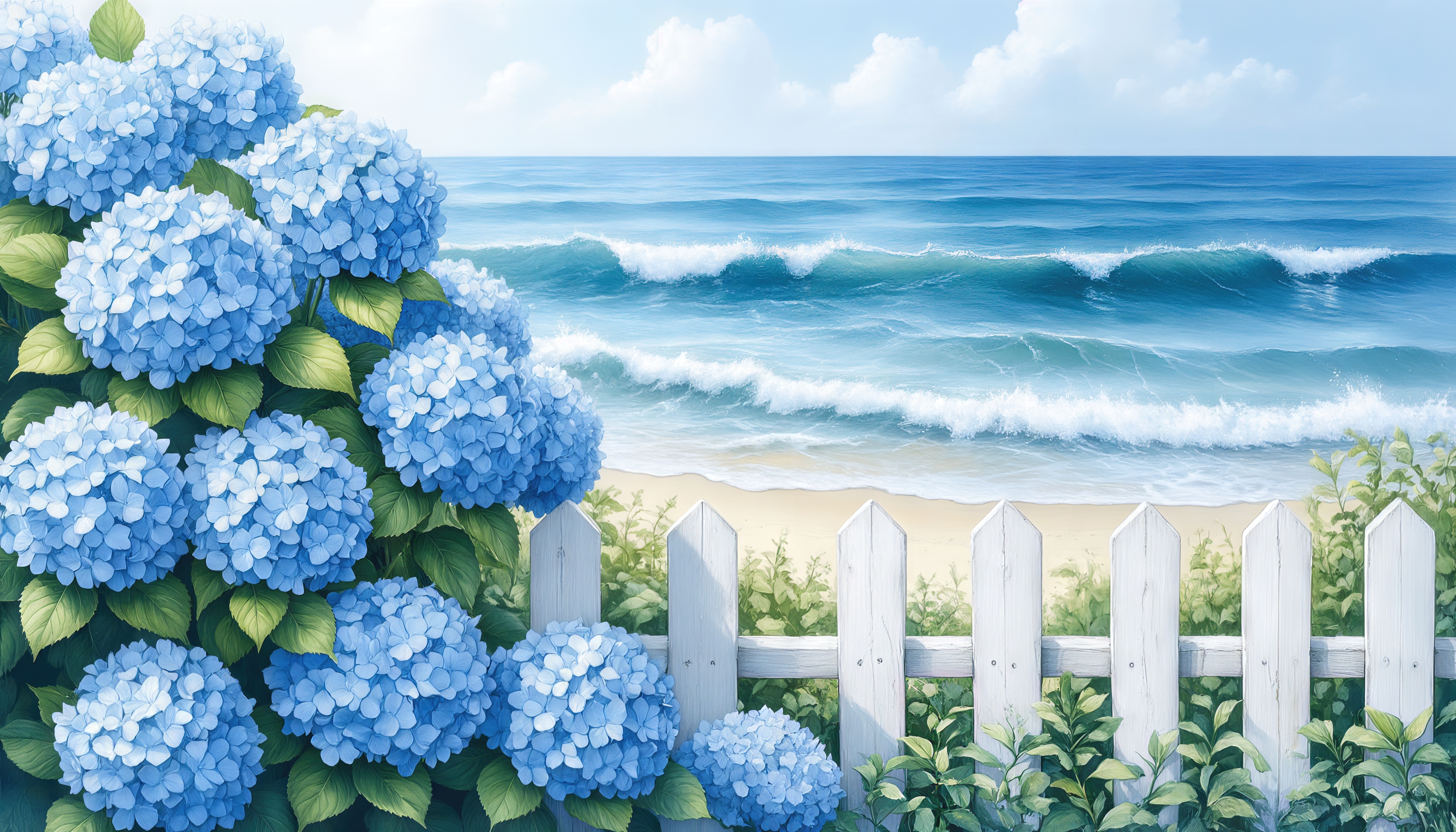 Free photo Lush blue hydrangea bushes by a white wooden fence against the azure sea and soft waves.