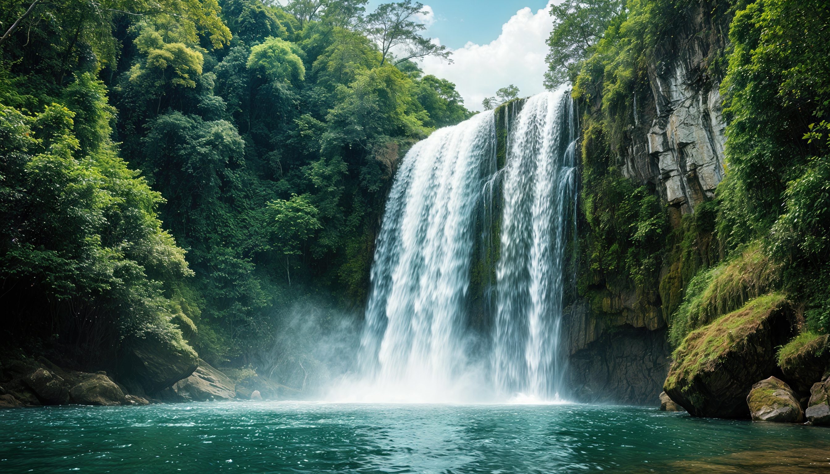 Водопад, окружённый зелёными деревьями и скалами.