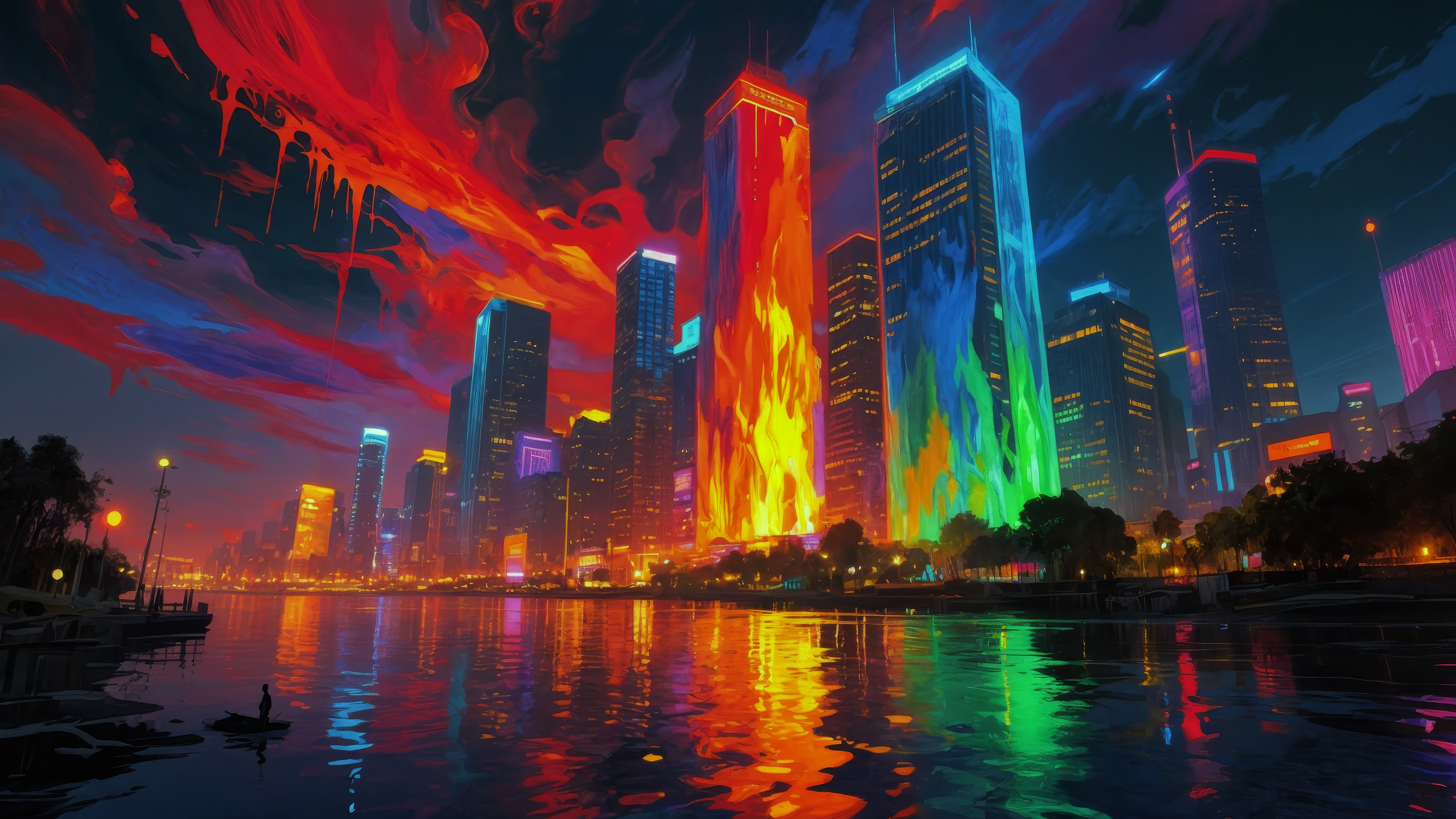 Бесплатное фото Ночное небо и городские огни отражаются в воде