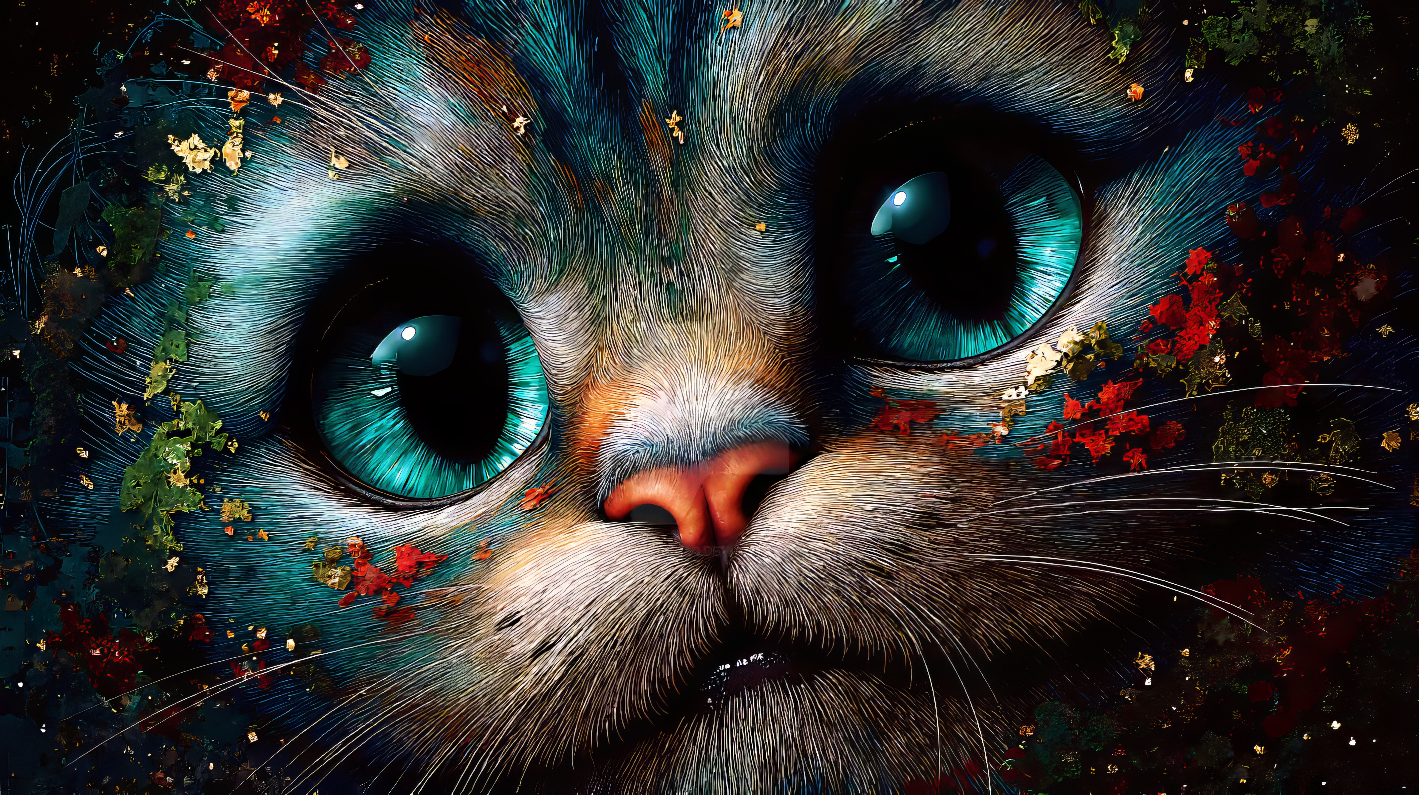 A close - up of a cat`s face with lots of colored space around it