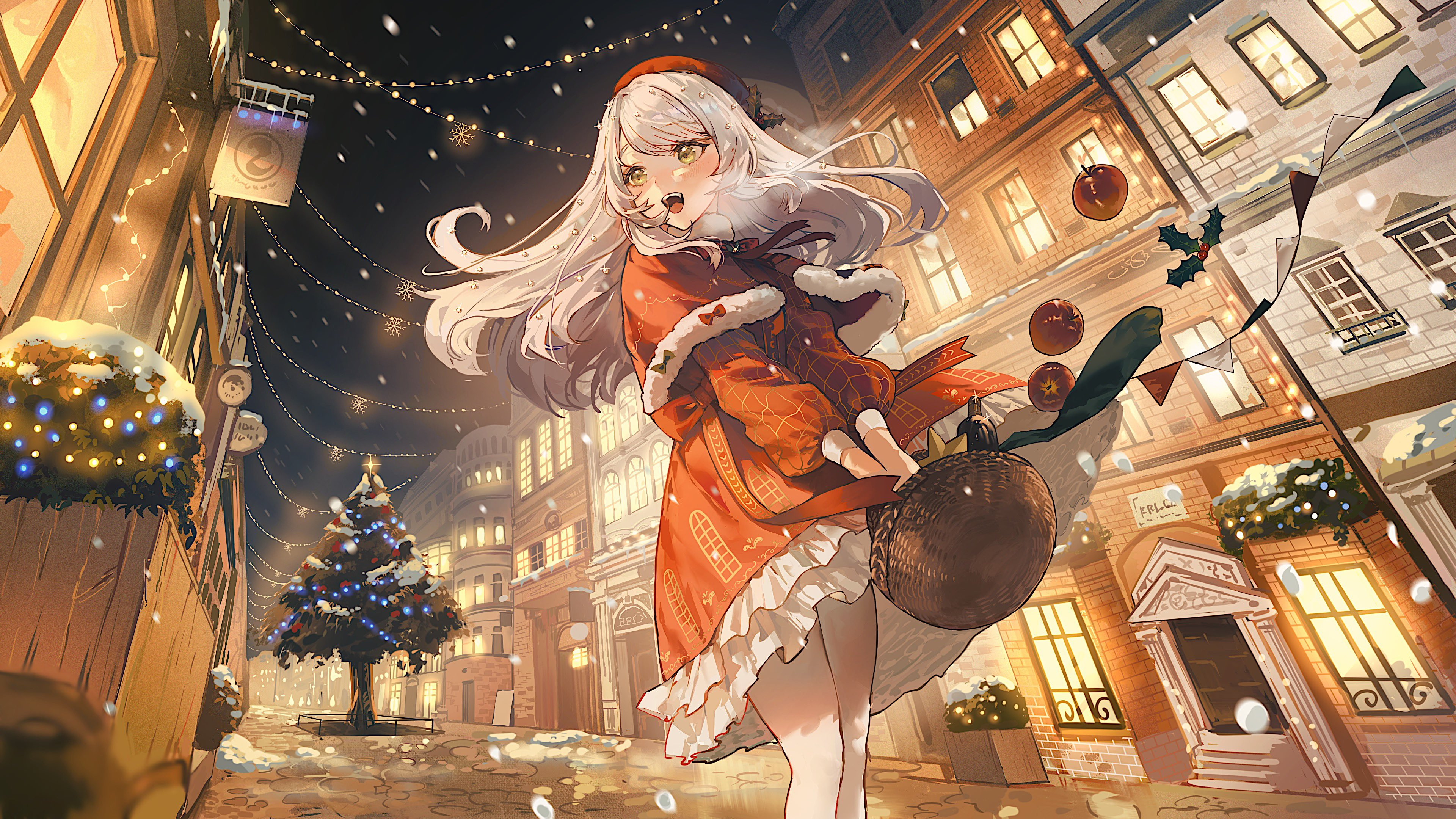 Anime girl in a Santa suit on New Year`s Eve