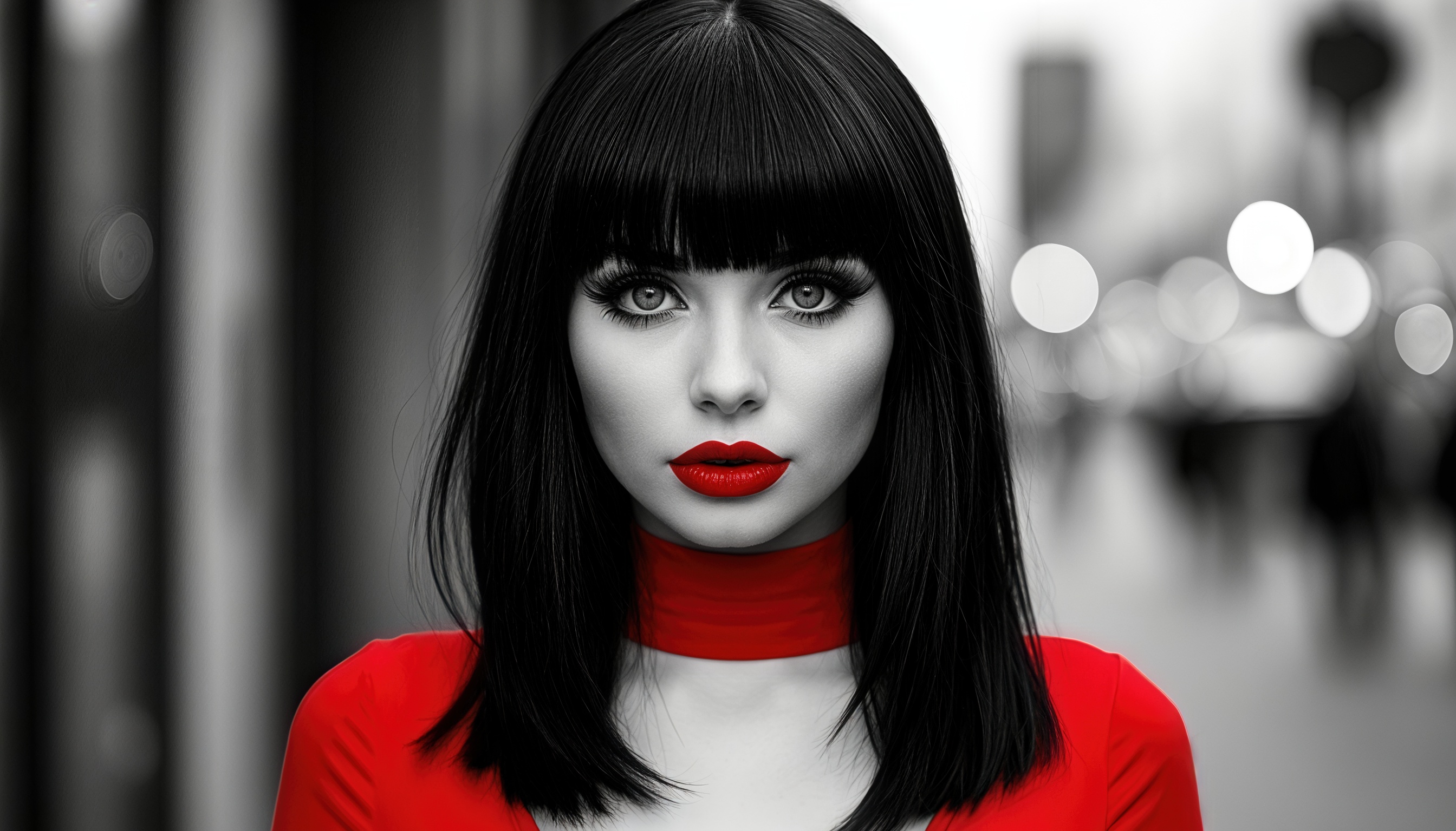 Девушка в красном платье с темными волосами и ярким макияжем на размытом фоне.