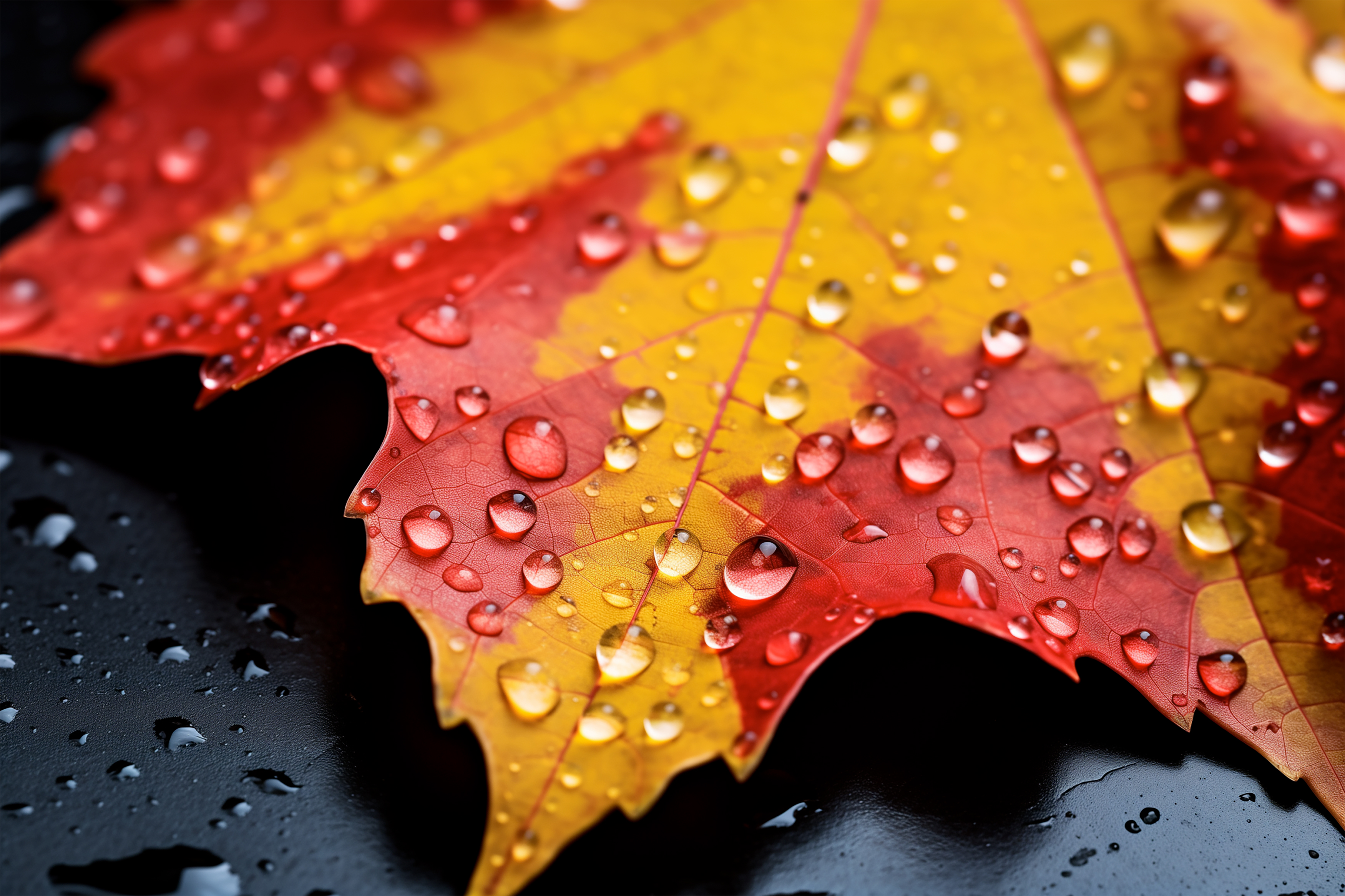 Free photo Red-yellow fall maple leaf with water droplets