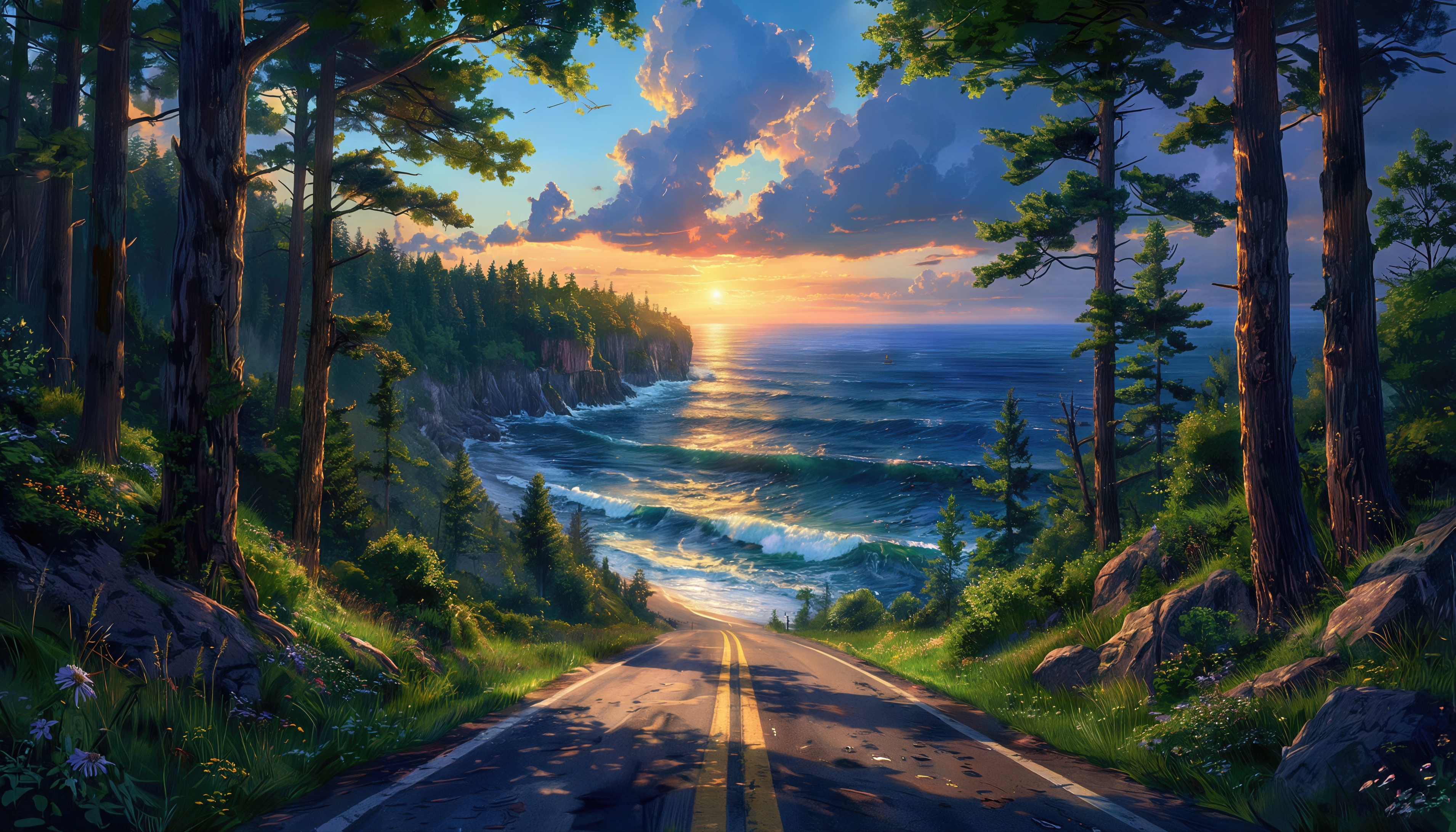 Бесплатное фото Дорога ведет к морю, окруженная деревьями и цветами, на фоне заката, окрашивающего небо в теплые тона.