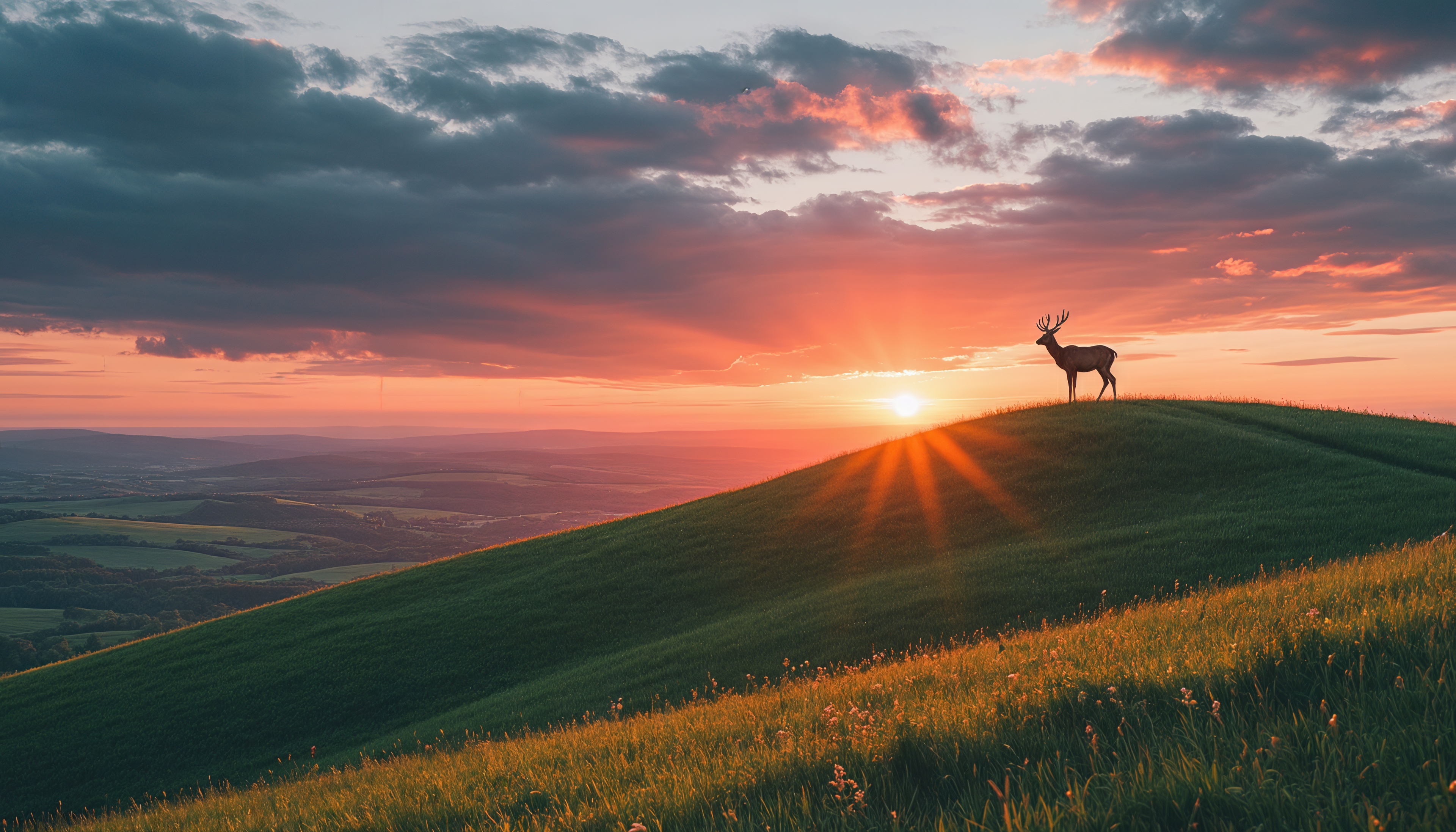 Бесплатное фото Олень на вершине холма встречает закатное солнце.