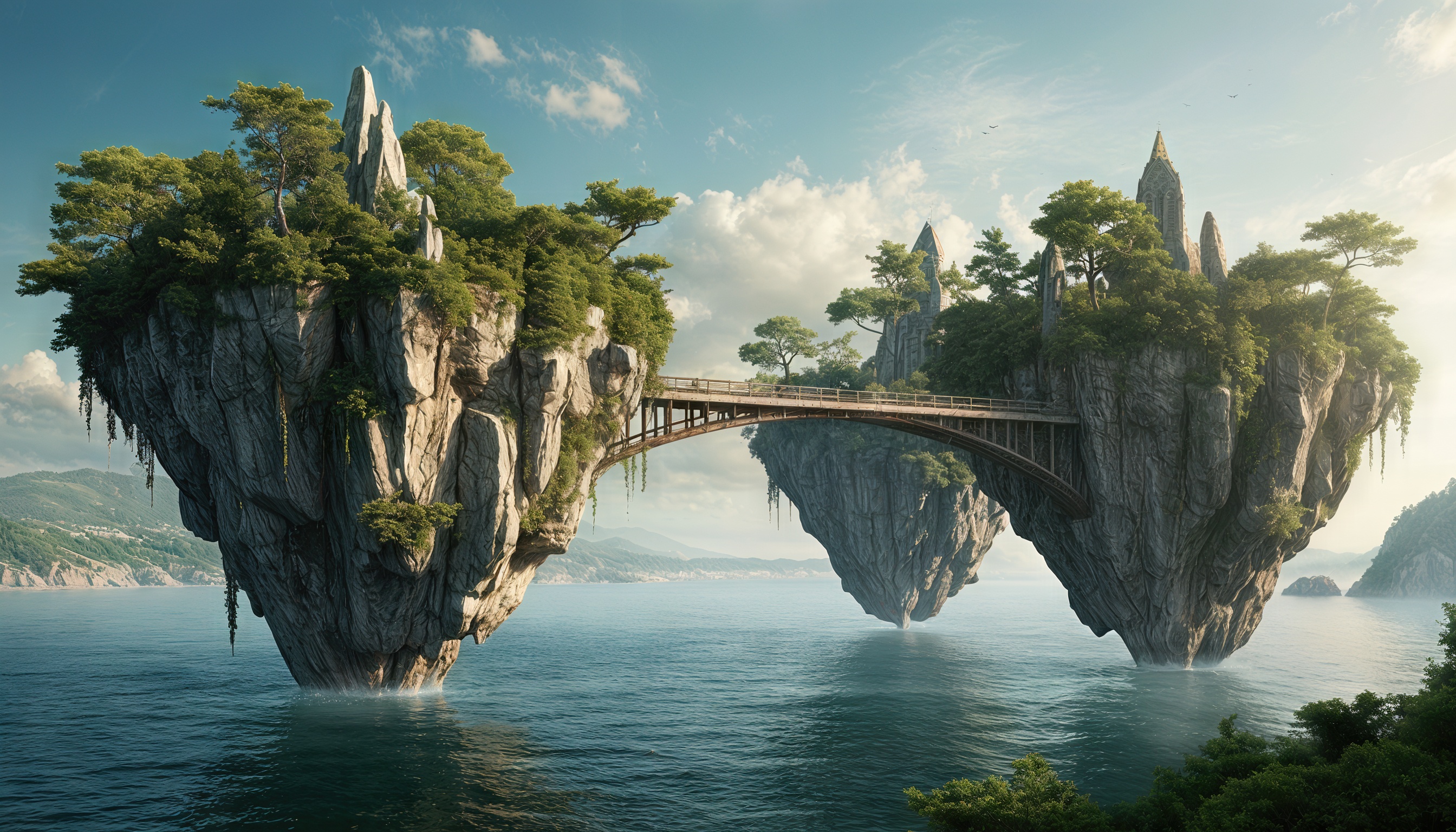 Бесплатное фото Два острова, парящие над водной гладью, связаны между собой мостом.