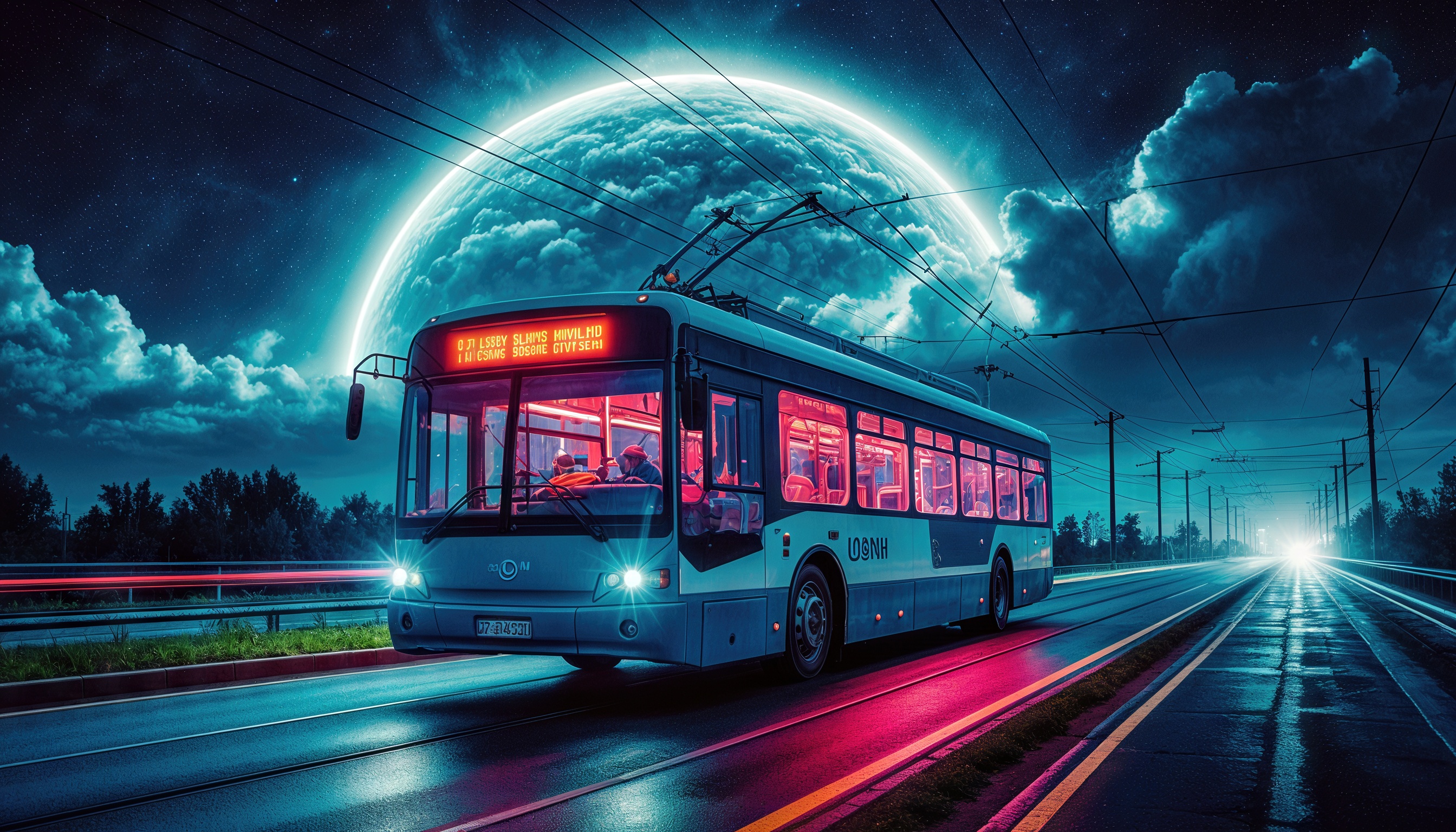 Free photo A night trolleybus under the light of a huge moon.