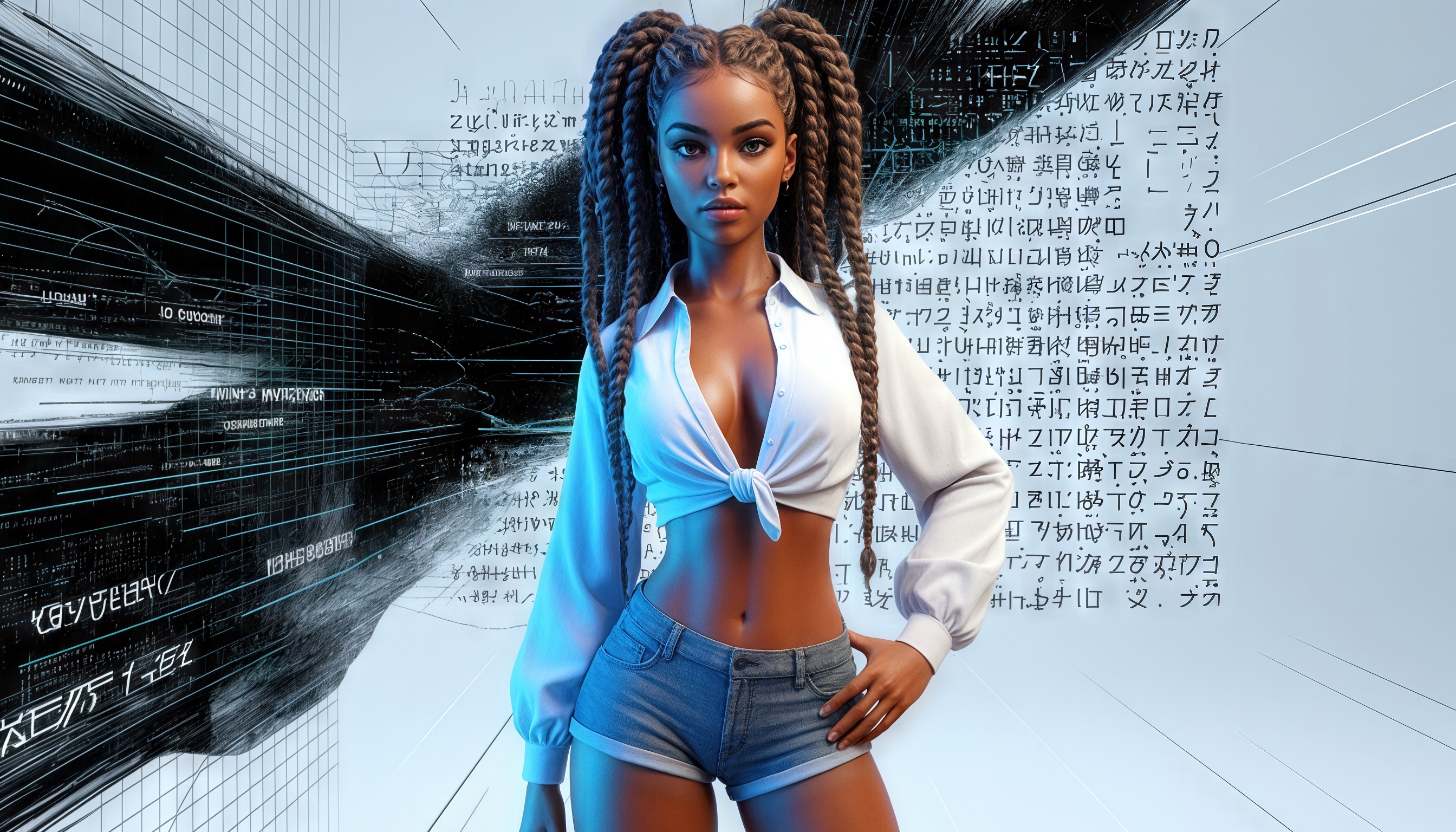 Бесплатное фото Девушка в стиле киберпанк с акцентом на одежду и цветовую гамму на фоне абстрактной композиции.