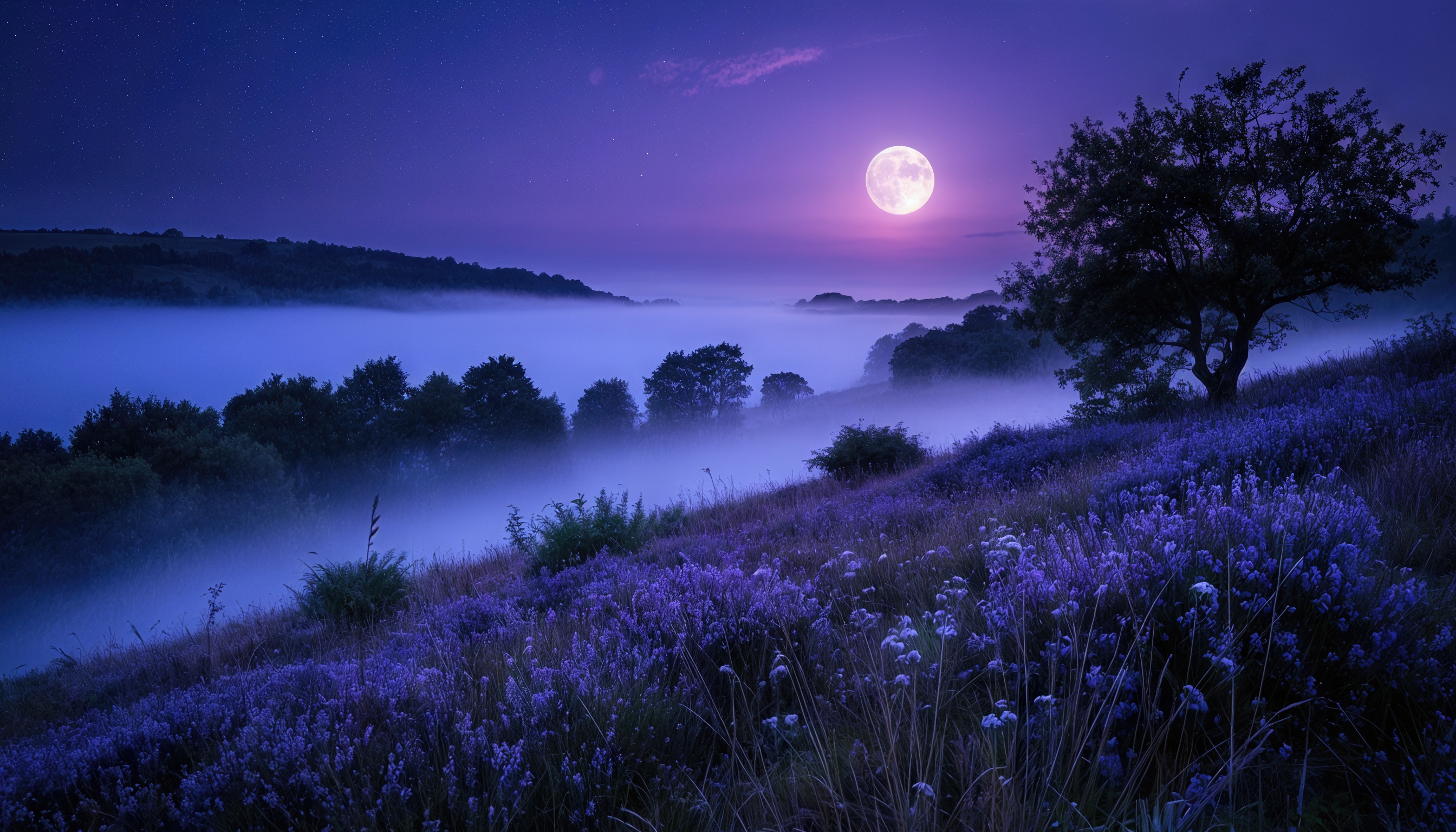 Ночной пейзаж с полной луной, освещающей фиолетовую лаванду и создающей атмосферу спокойствия и волшебства.