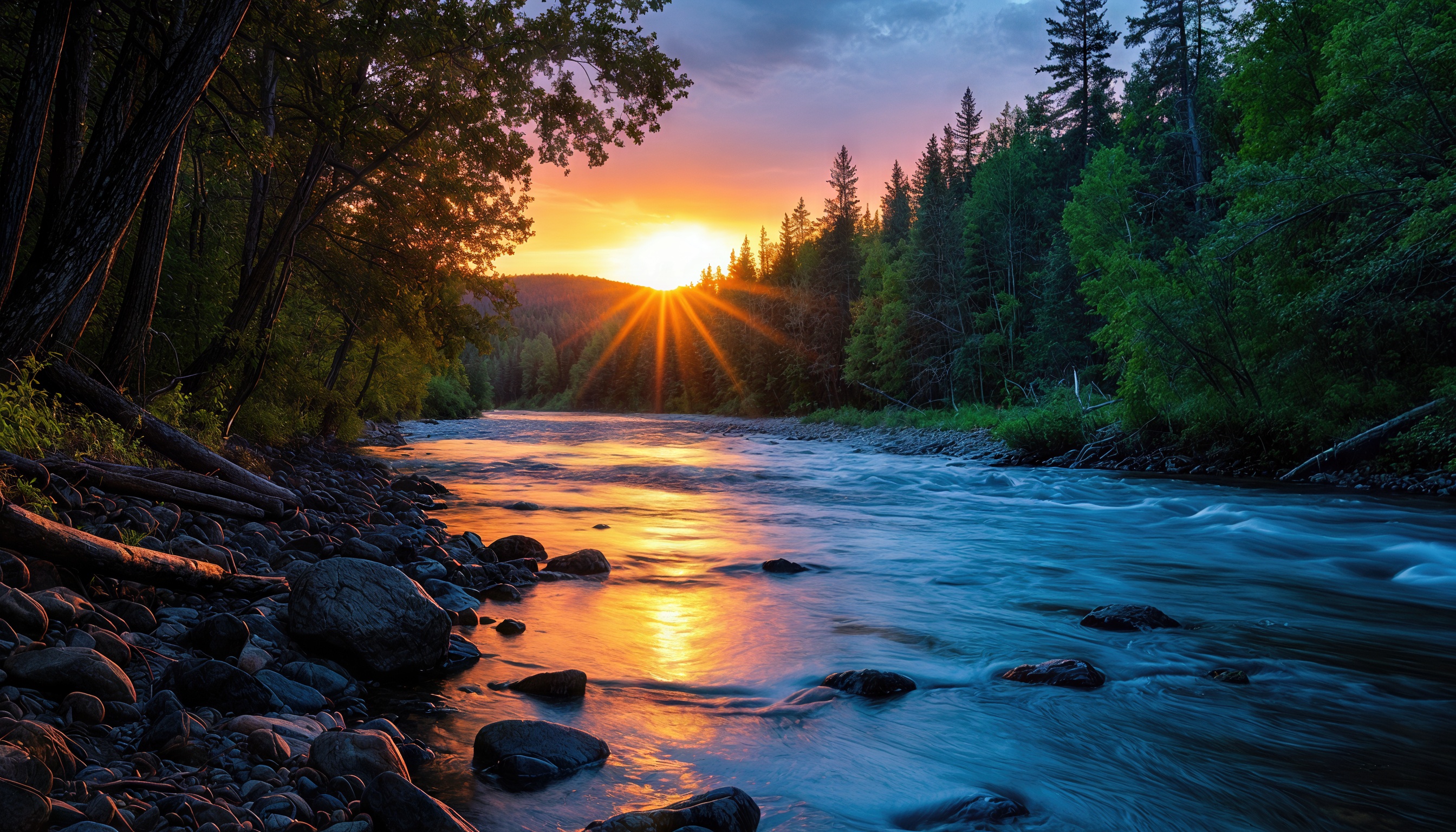 免费照片夕阳照亮了河流，周围是茂密的森林，在水面上播放着倒影。