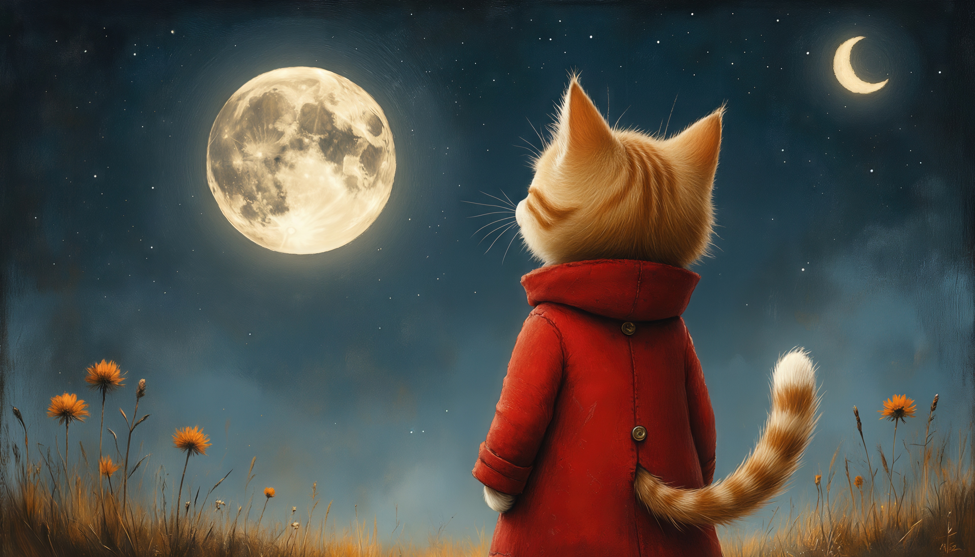 Кот в красном пальто любуется полной луной на звёздном небе.
