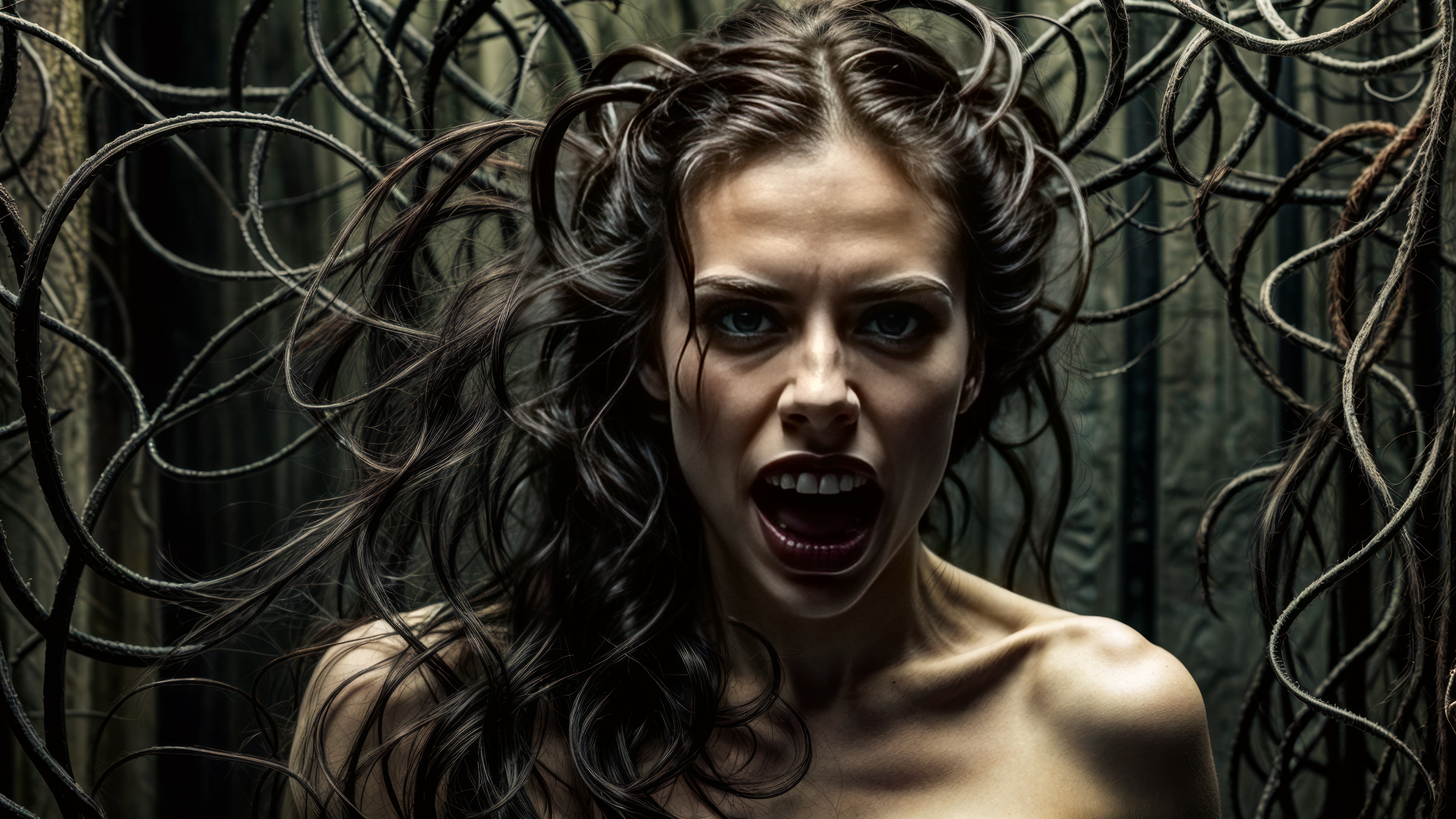 The woman is screaming while standing by a bunch of branches