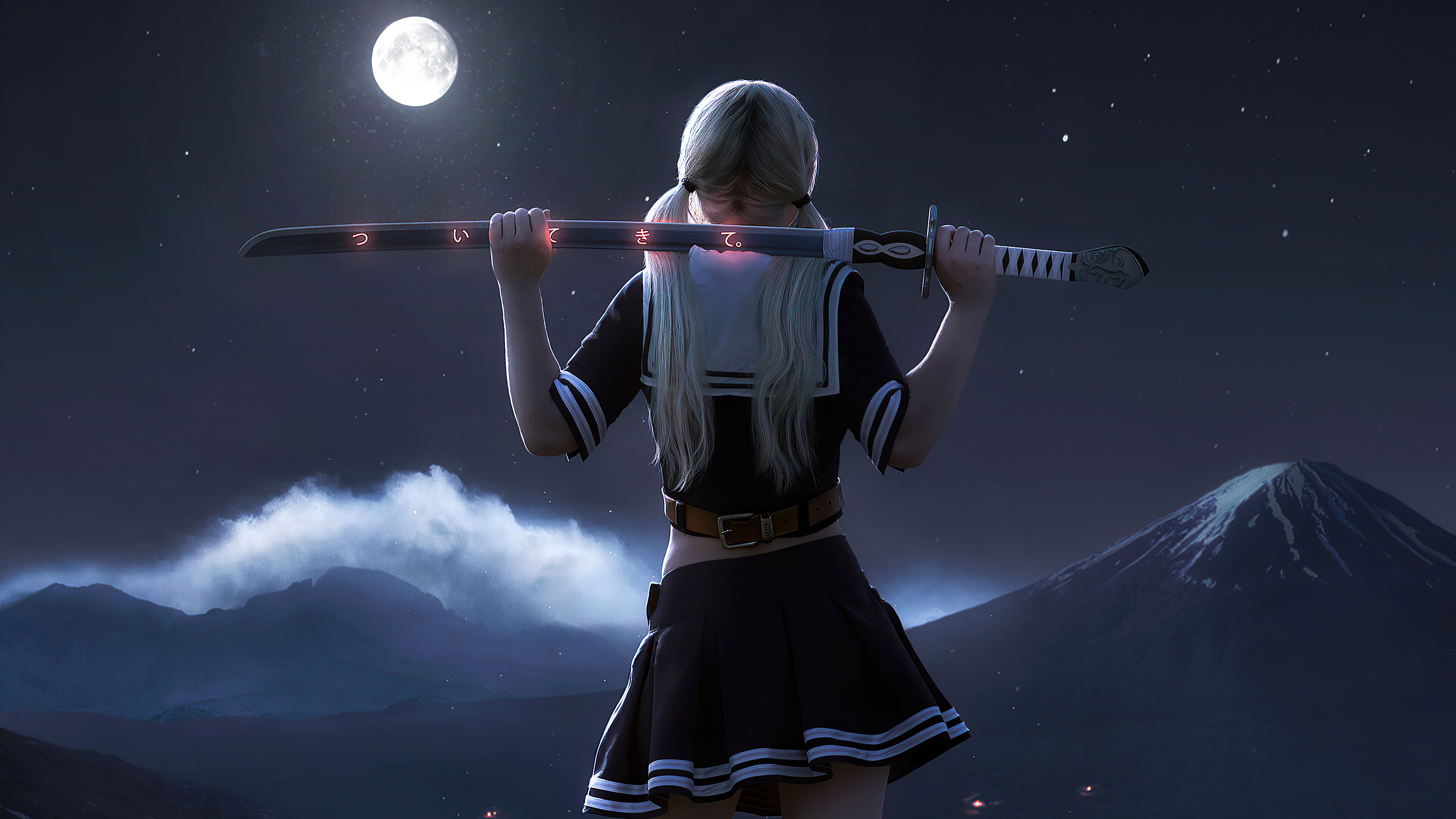 Little blond girl with a katana behind her back