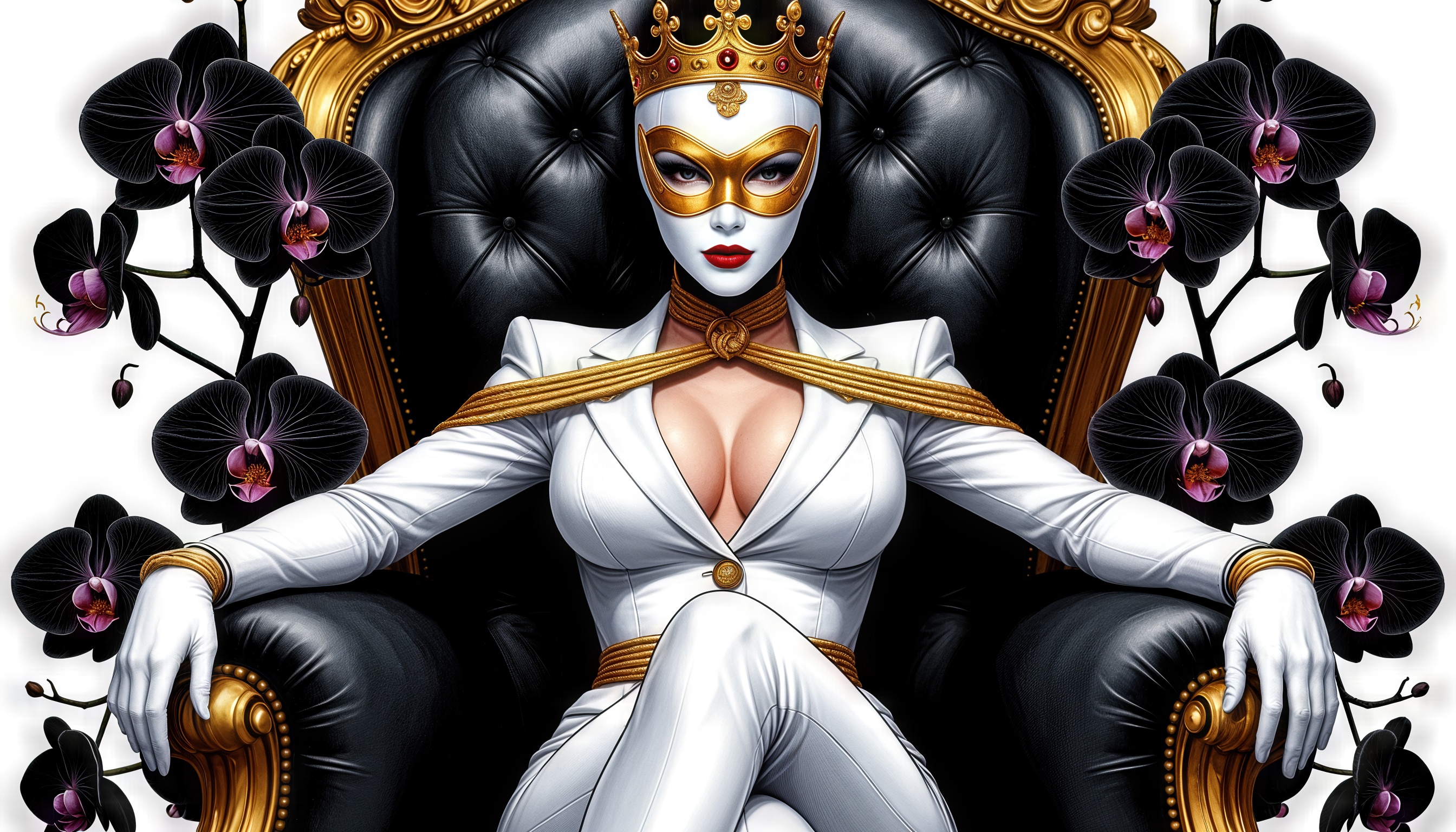 The queen in white, wearing a golden mask, sits regally on the throne, surrounded by black orchids.