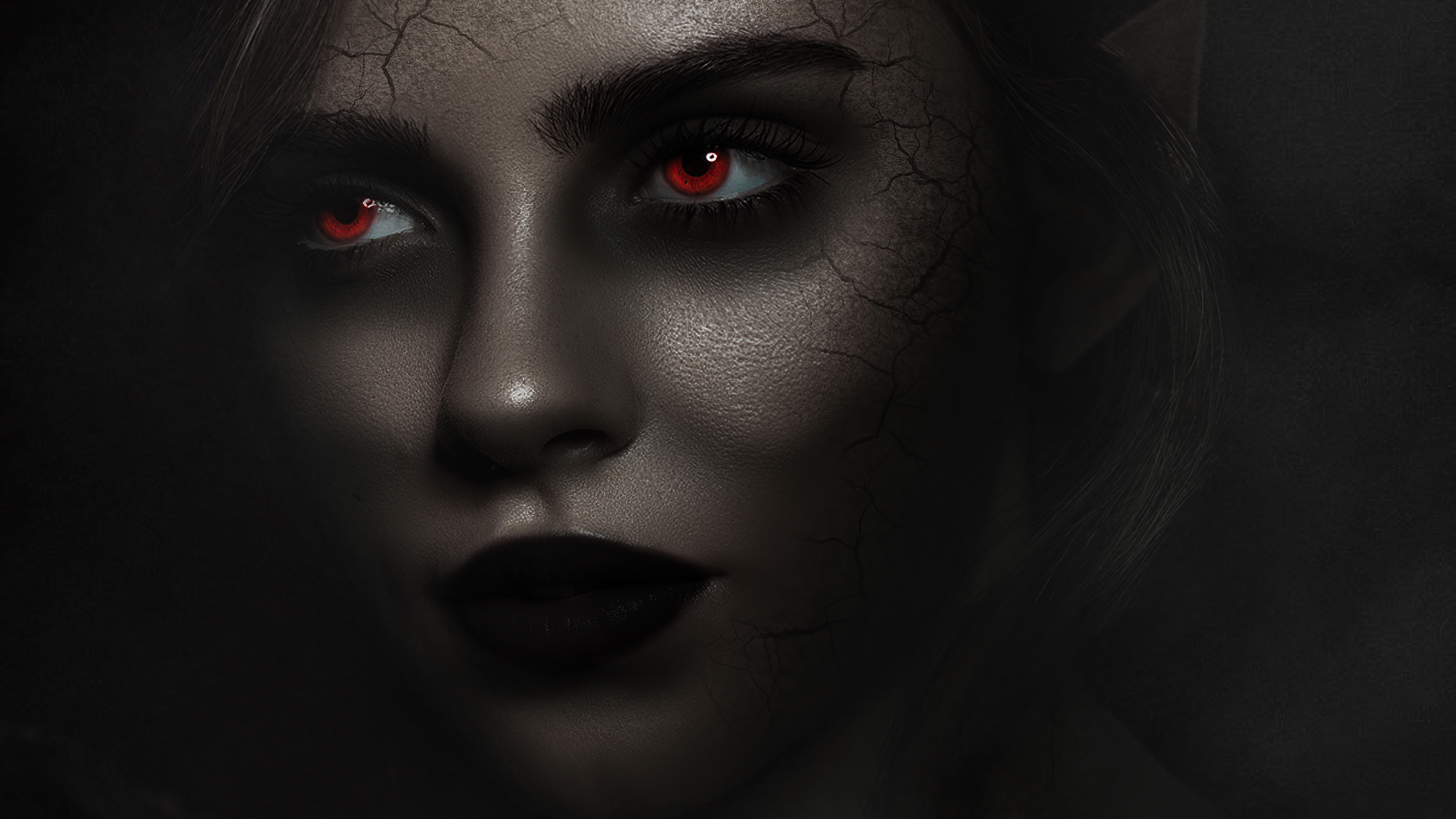 Rendering of a girl with red eyes on a dark background