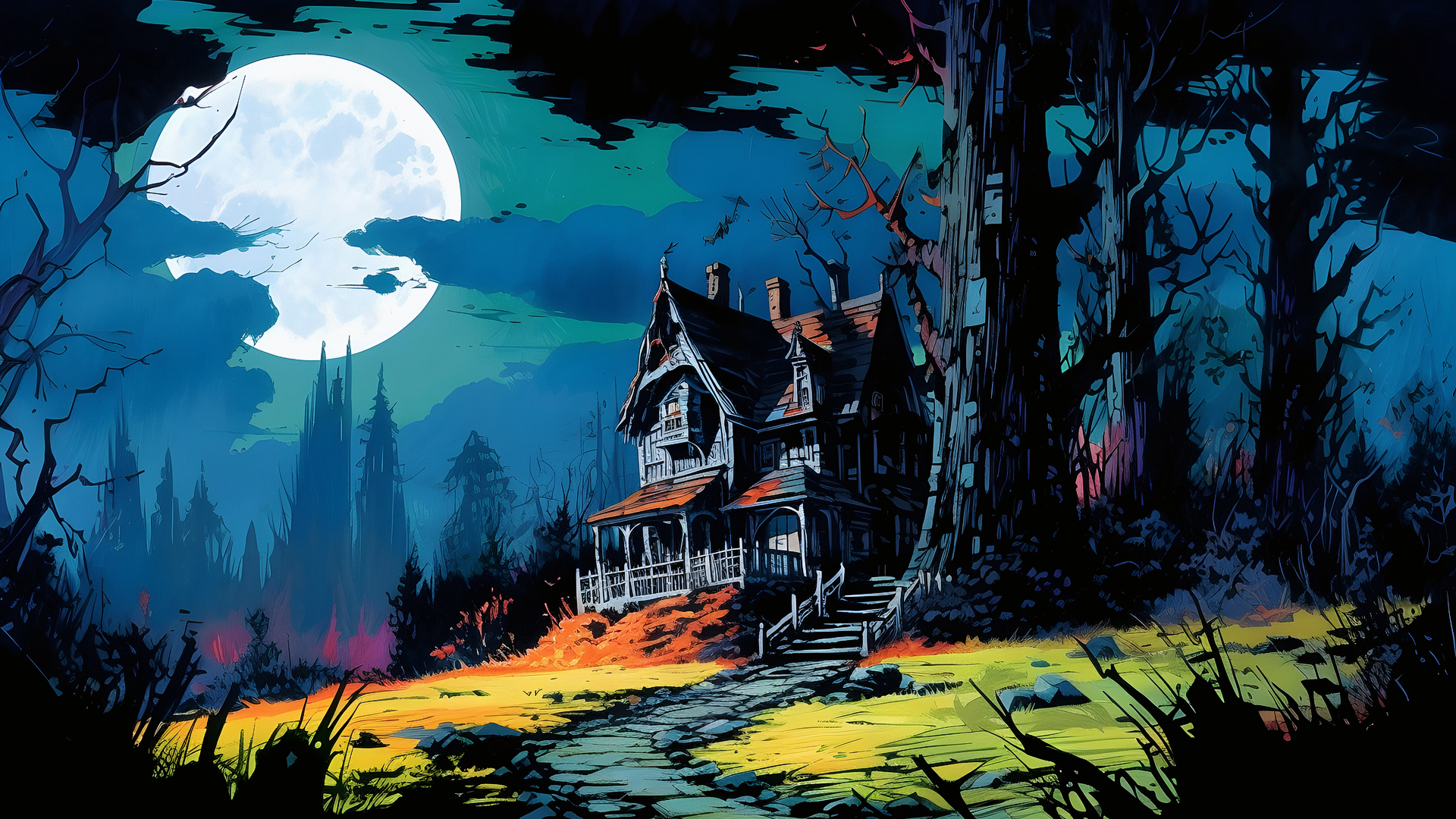A scary old house in the woods and a huge moon