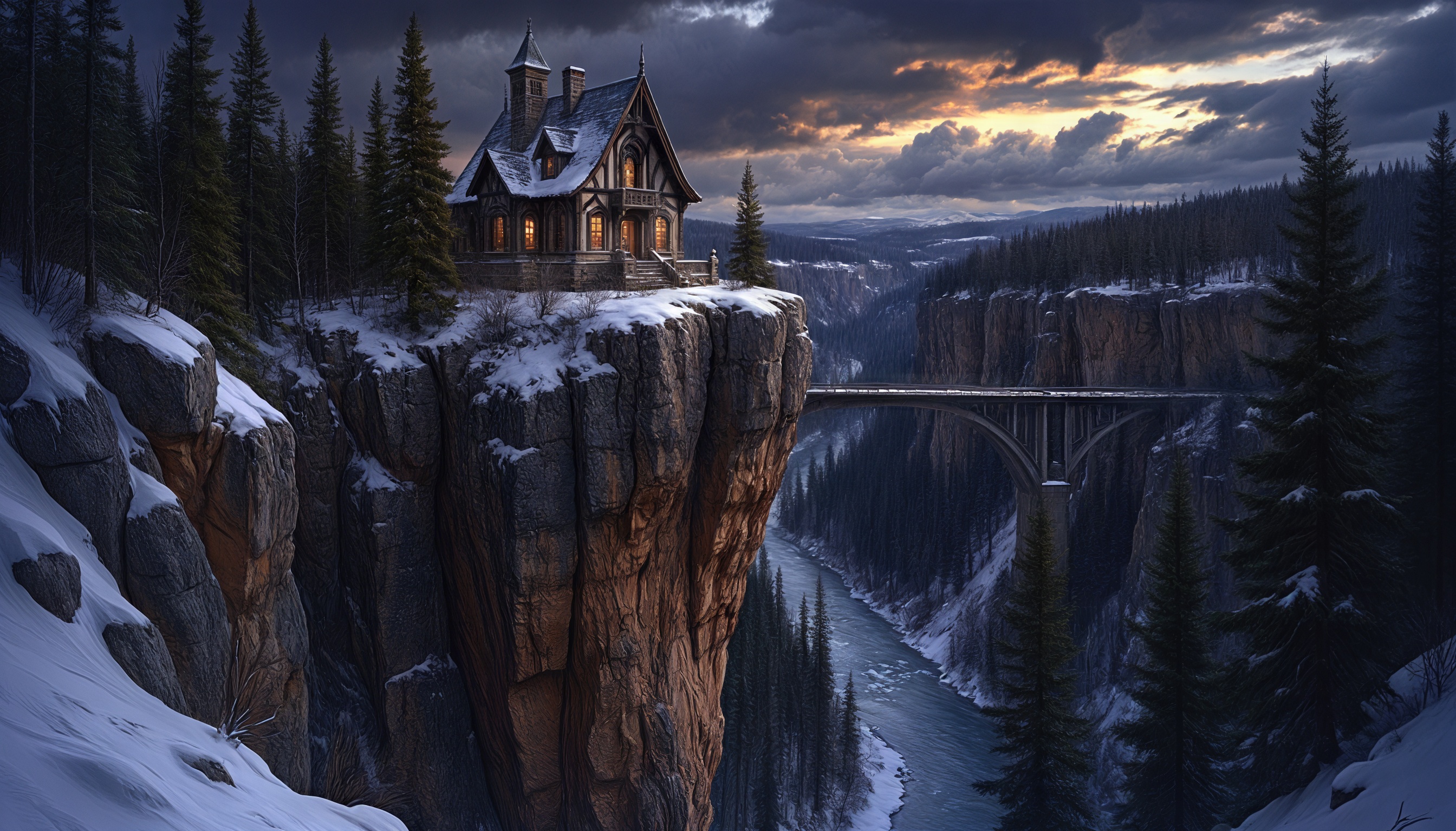 Уютный домик на краю утёса, окружённый заснеженным лесом и величественным мостом.