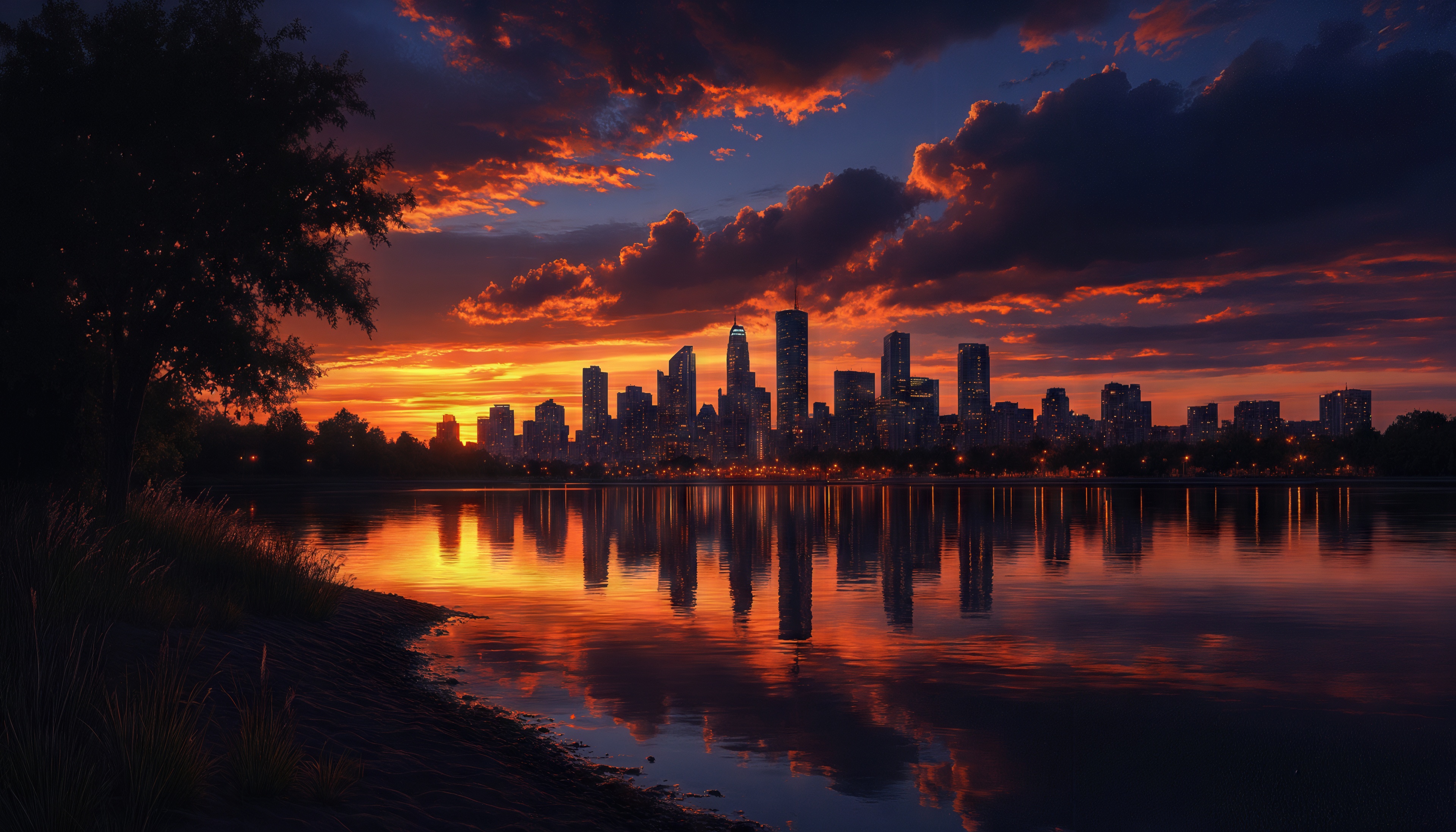 Free photo Silhouettes of megalopolis skyscrapers are reflected in the mirrored surface of the river during a fiery sunset.